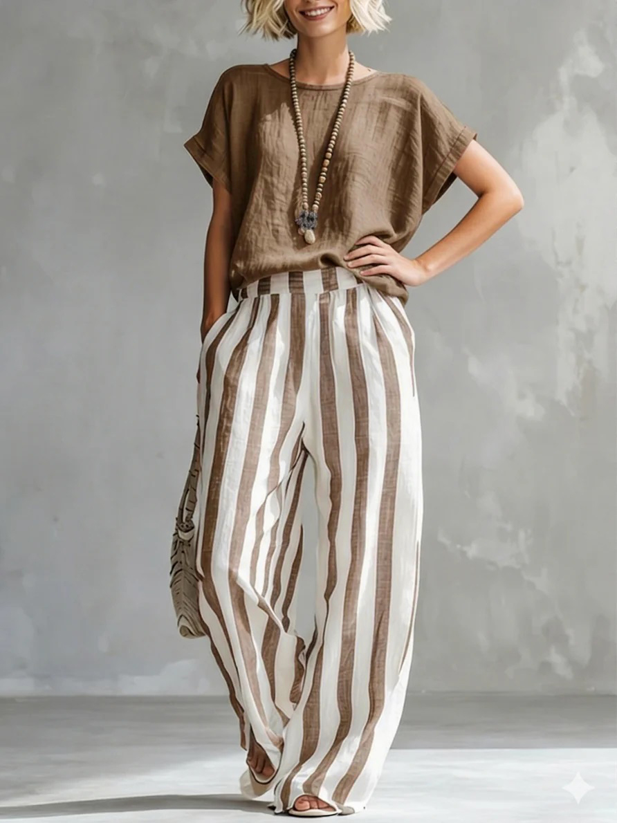 Cozy Loose-fit Striped Cotton-linen Two-piece Set - Nordfashionstorm - Women's Clothing, Fashion for You - Nordfashionstorm.com
