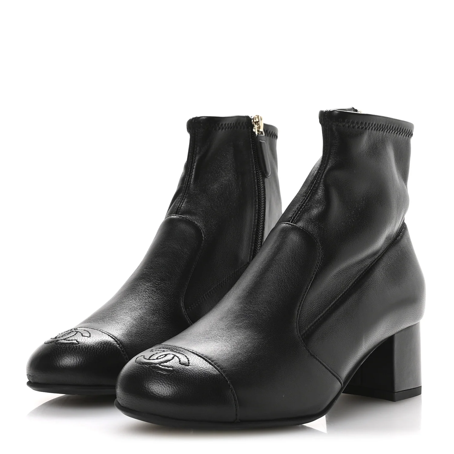 Stretch Lambskin Cap Toe CC Uniform Short Boots 36.5 Black - Top Club