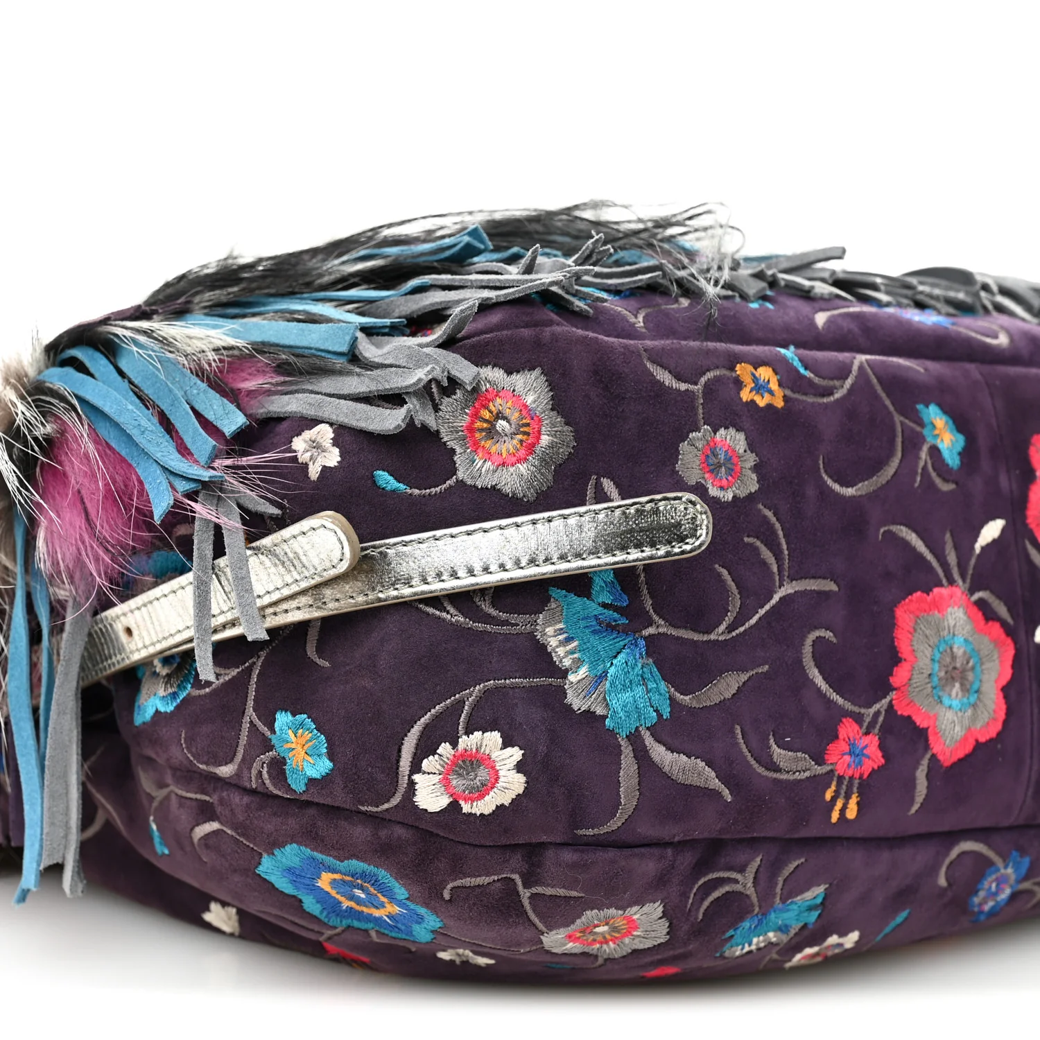 Fox Fur Suede Floral Embroidered Biker Shoulder Bag - Top Club