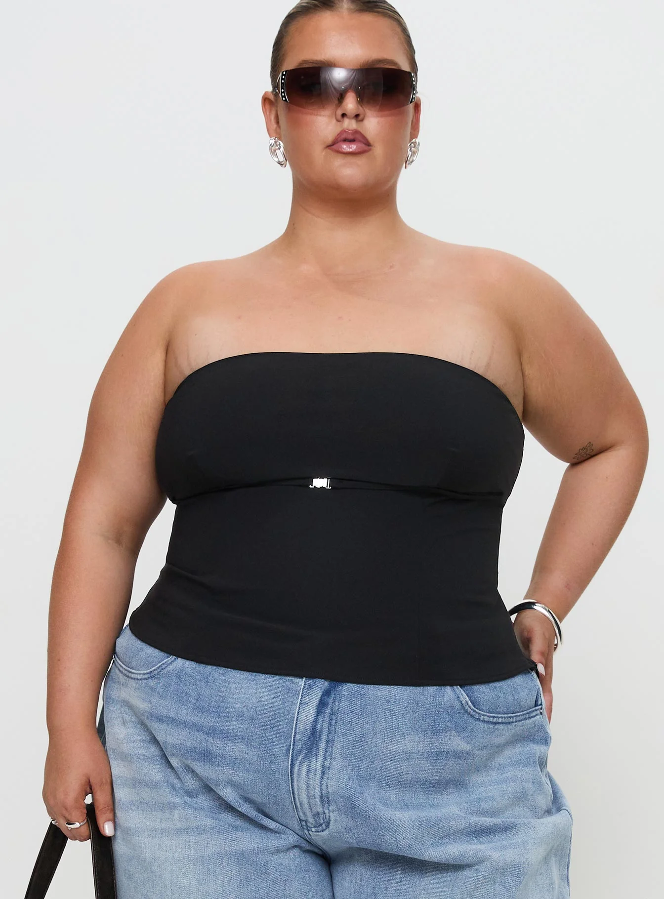 Flounce Strapless Top Black Curve