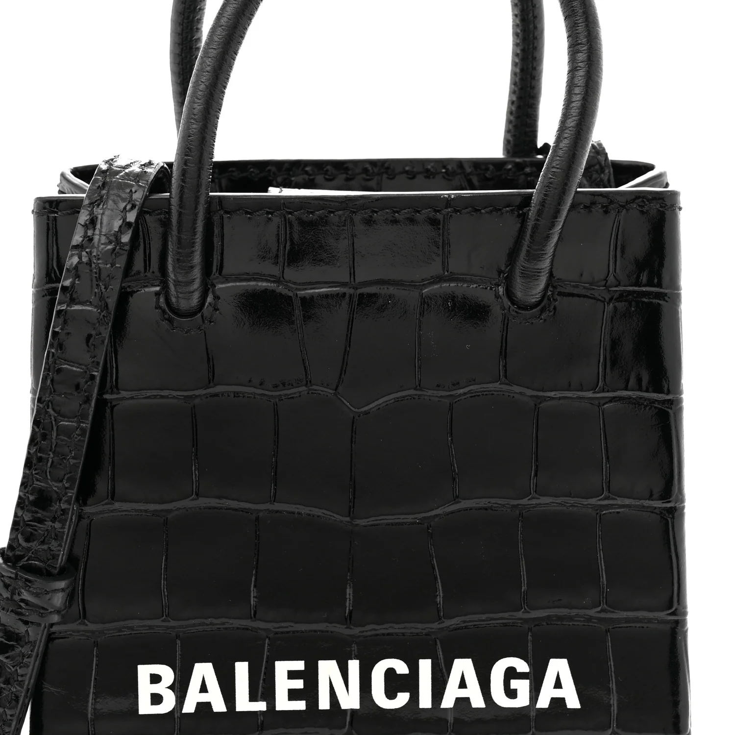 Calfskin Crocodile Embossed Logo Shopping Phone Holder Bag Black - Top Club