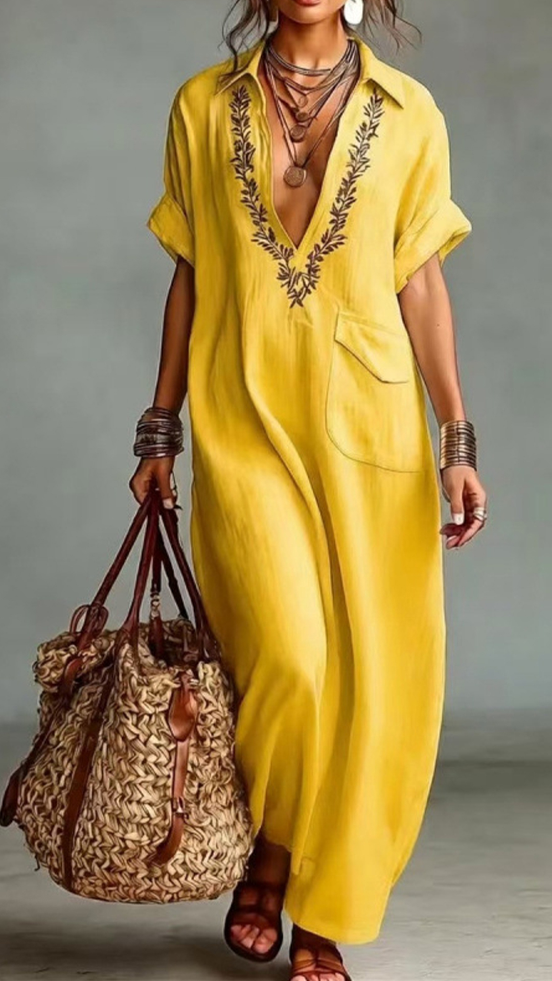 Embroidered V-Neck Loose Cotton Linen Shirt Maxi Dress - Nordfashionstorm - Women's Clothing, Fashion for You - Nordfashionstorm.com