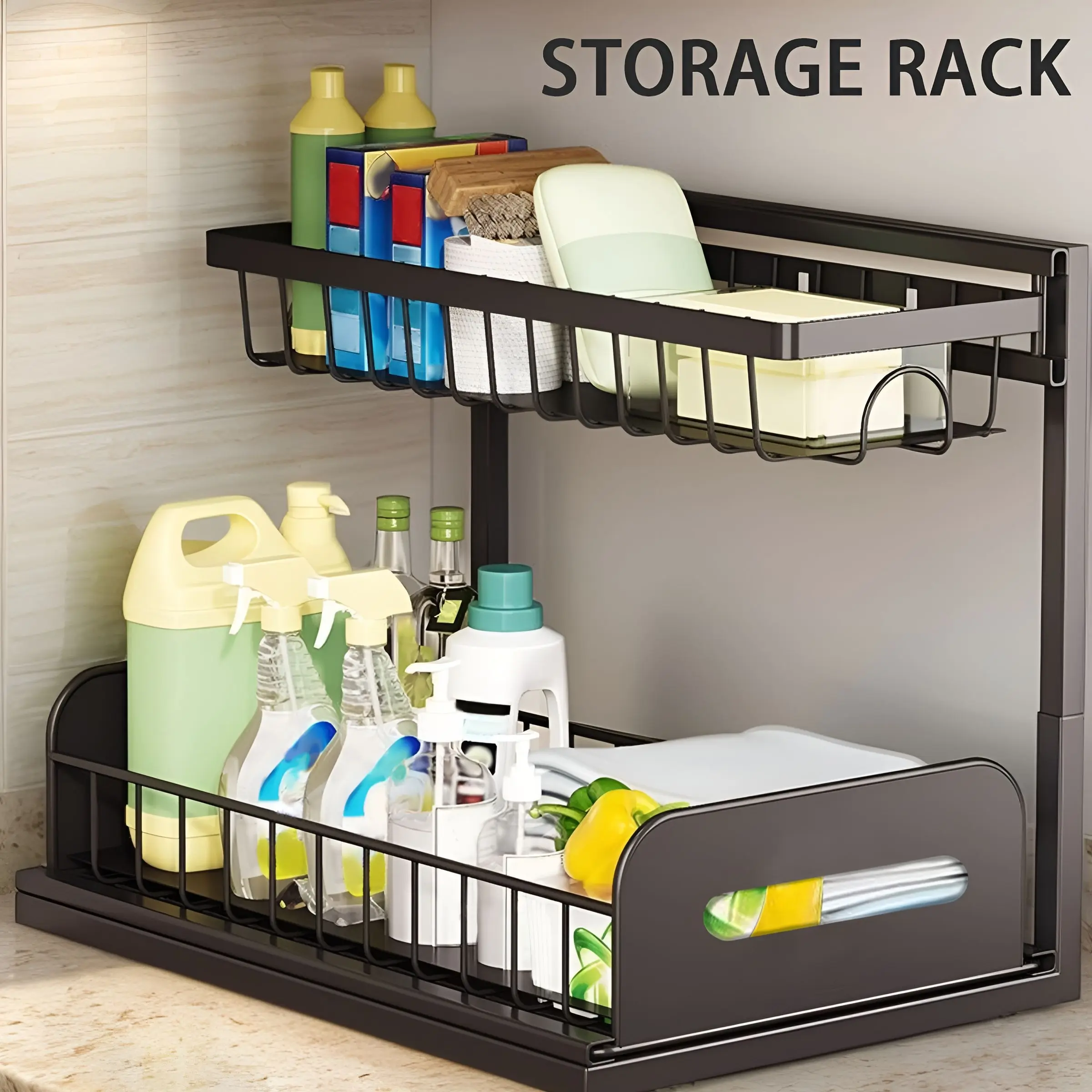 2-Tier Pull-Out Under Sink Organizer - Metal Sliding Drawer Shelf, Bathroom Organizing Accessories for Home & Storage Organization Needs, Kitchen Pantry Cabinet Organizer Storage