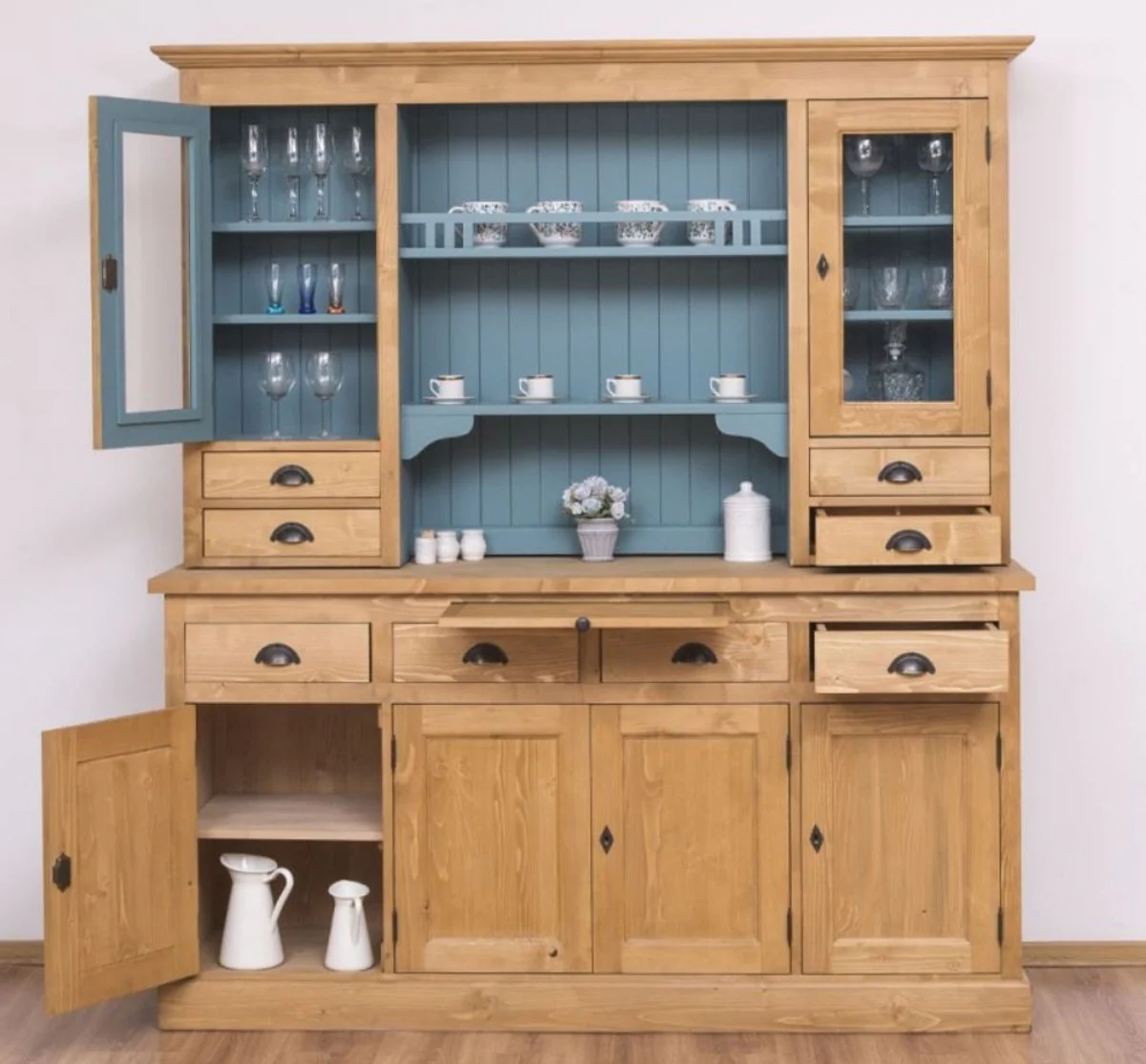 Country house style kitchen cabinet natural colors / light blue 180 x 50 x H. 197 cm - solid wood dining room cabinet - dining room furniture in country house style