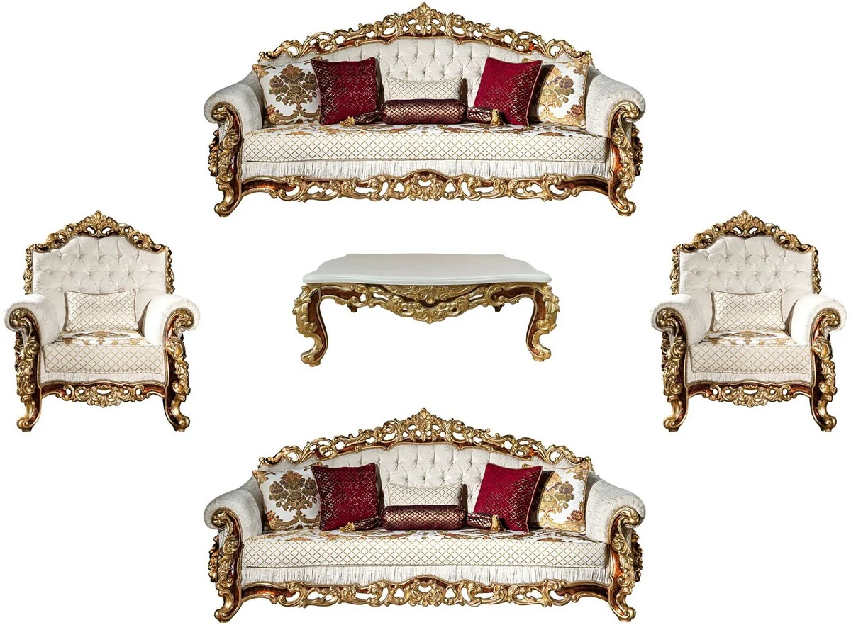 Luxury baroque living room set white / gold / brown - 2 sofas & 2 armchairs & 1 coffee table - living room furniture in baroque style - noble and magnificent