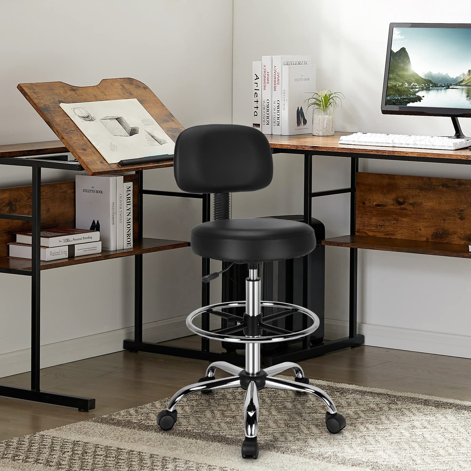 BEFOUNDLOVELY PU Leather Drafting Chair, Standing Desk Chair with Adjustable Foot Ring