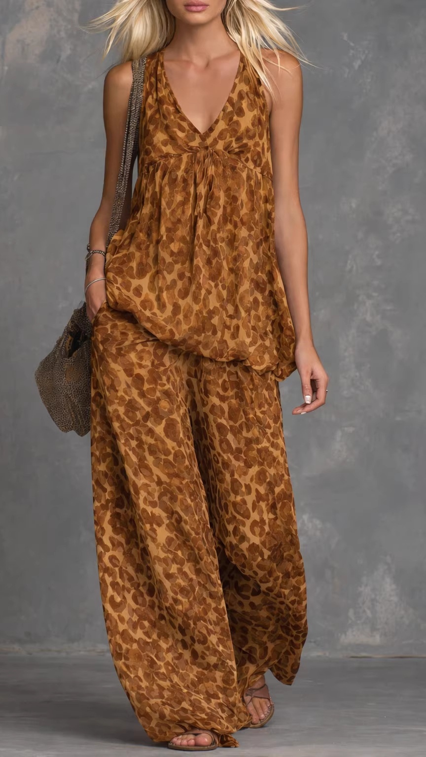 Women's Two-Piece Set: Leopard Print Sleeveless Top and Printed Trousers - Nordfashionstorm - Women's Clothing, Fashion for You - Nordfashionstorm.com