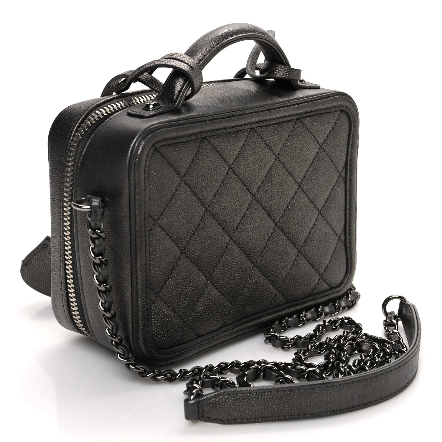 Metallic Caviar Quilted Small CC Filigree Vanity Case Dark Silver - Top Club