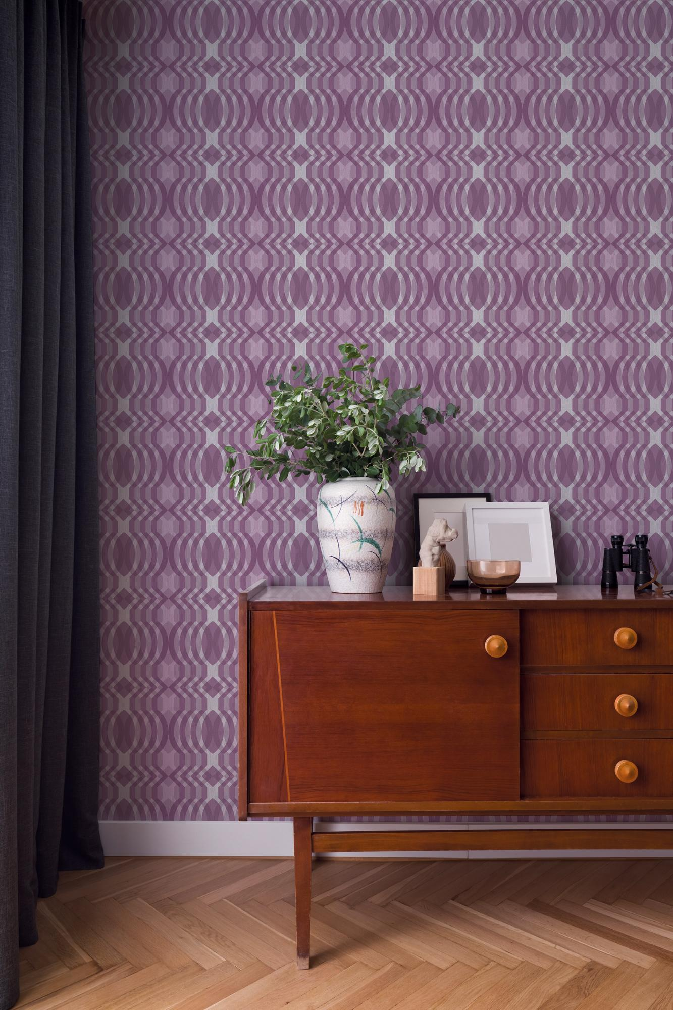 Vliesbehang met geometrische patronen in retrostijl - paars, crème, wit #1