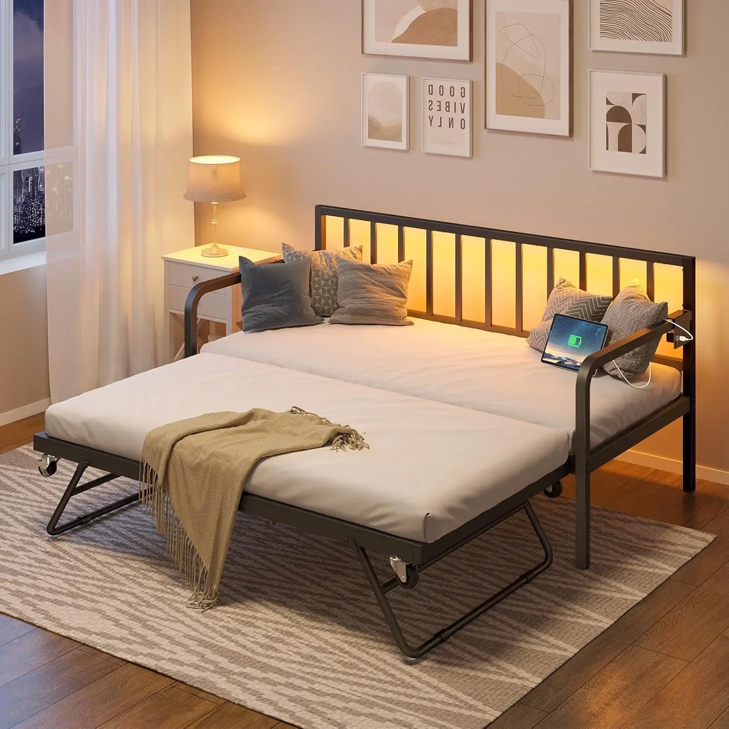 Rolanstar Daybed with Charging Station and LED Lights Height Adjustable Twin Daybed