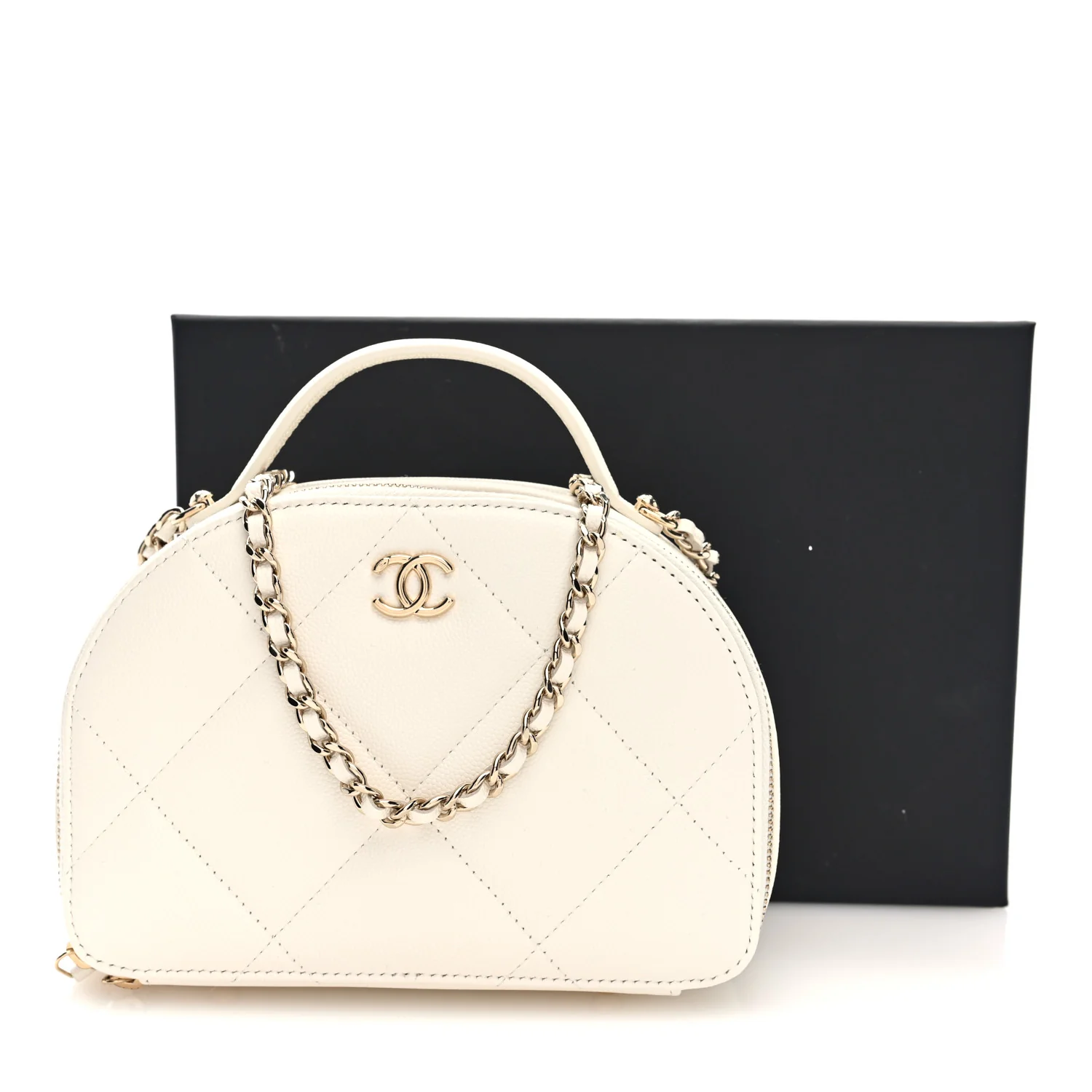 Grained Calfskin Quilted Top Handle Chain Clutch White - Top Club
