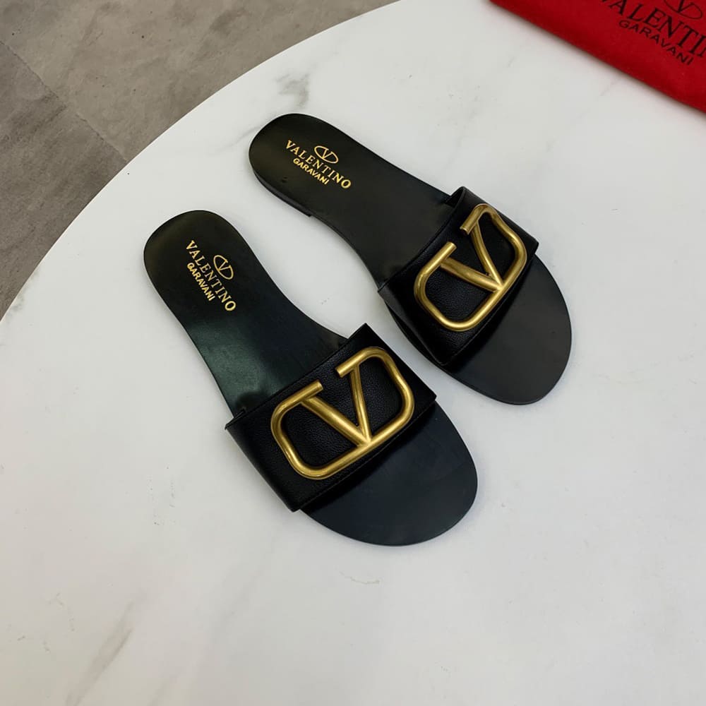 VALENTINO VLOGO SIGNATURE grained cowhide decorative elements slipper sandals (heel height 0.5 cm) - Top Club