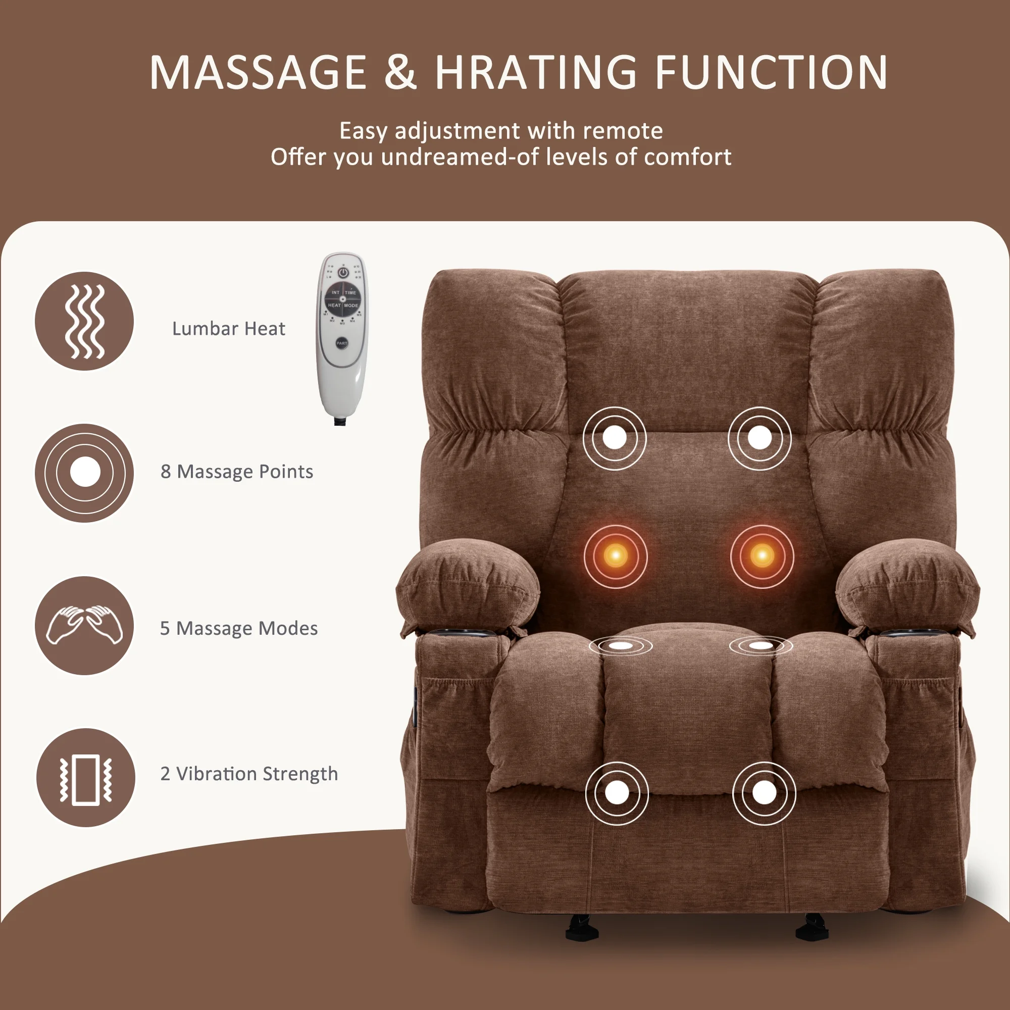 JONPONY Manual Recliner Chair with Heat Therapy and Massage Function, Heavy Duty Reclining Mechanism Massage Chair, Elderly Single Rocker Sofa with Cup Holders for Bedroom Home Theater, Grey