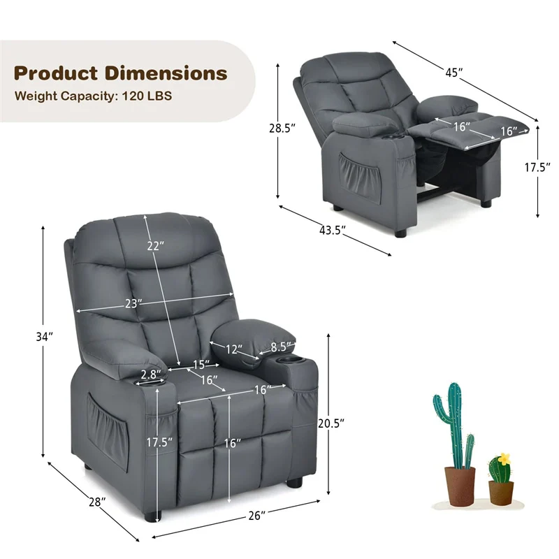 Kids Recliner Chair PU Leather Adjustable Lounge Sofa with Cup Holder, 3 Pockets & Retractable Footrest, Ergonomic Toddler Furniture Sofa