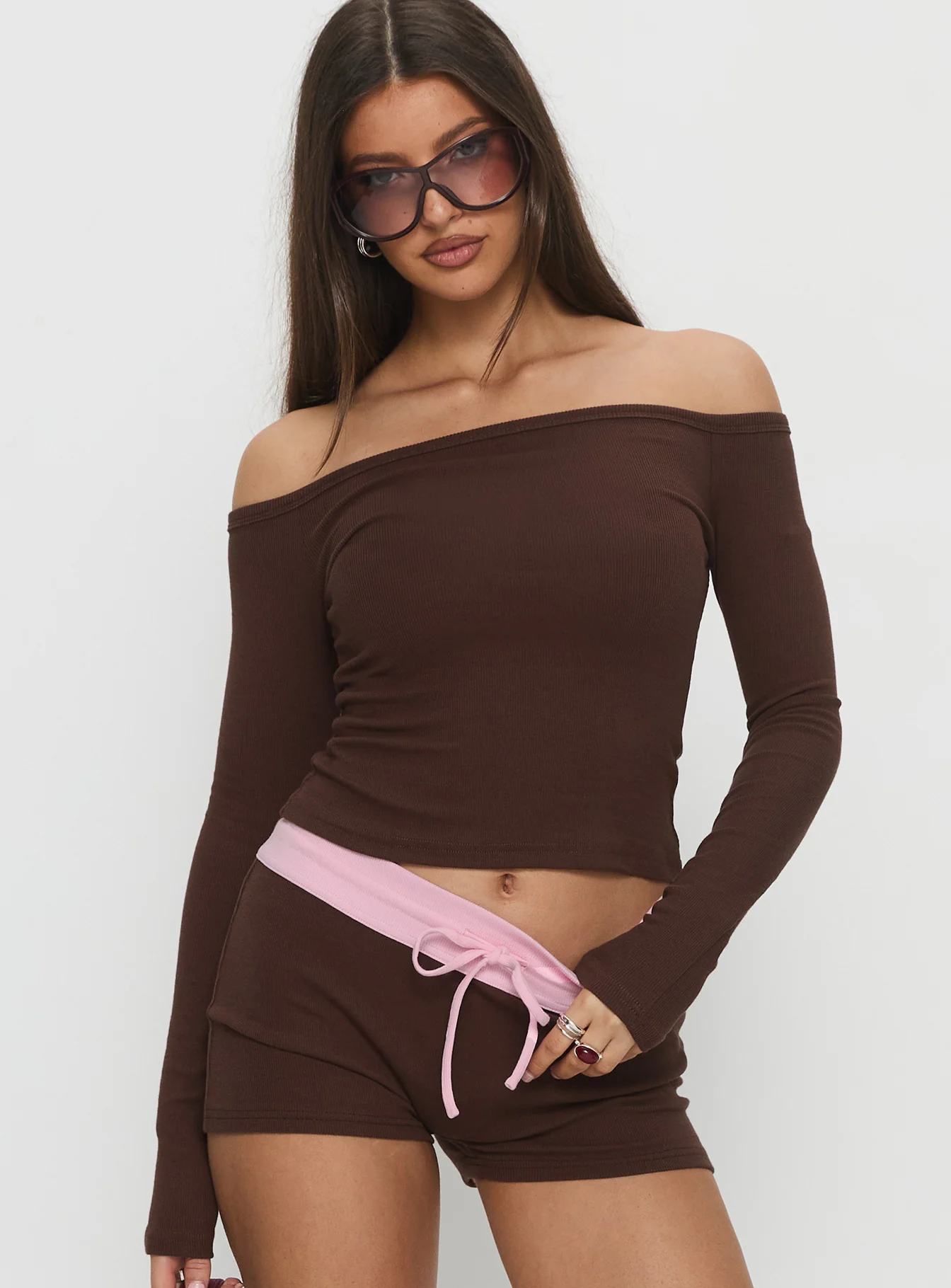 Baseline Off Shoulder Top Brown