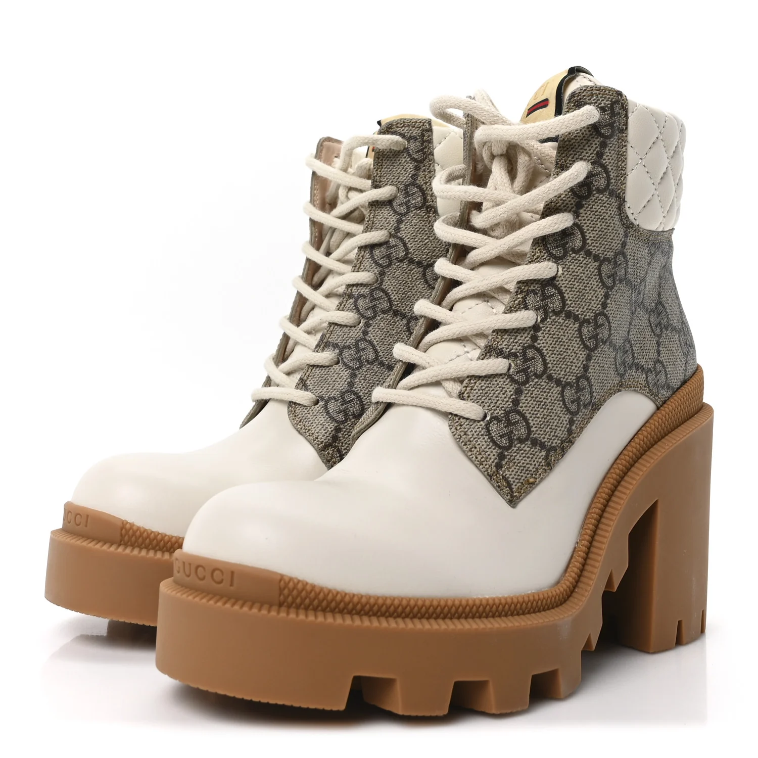 Calfskin GG Supreme Monogram Nappa Quilted Lace Up Ankle Boots 35 Mystic White Beige - Top Club