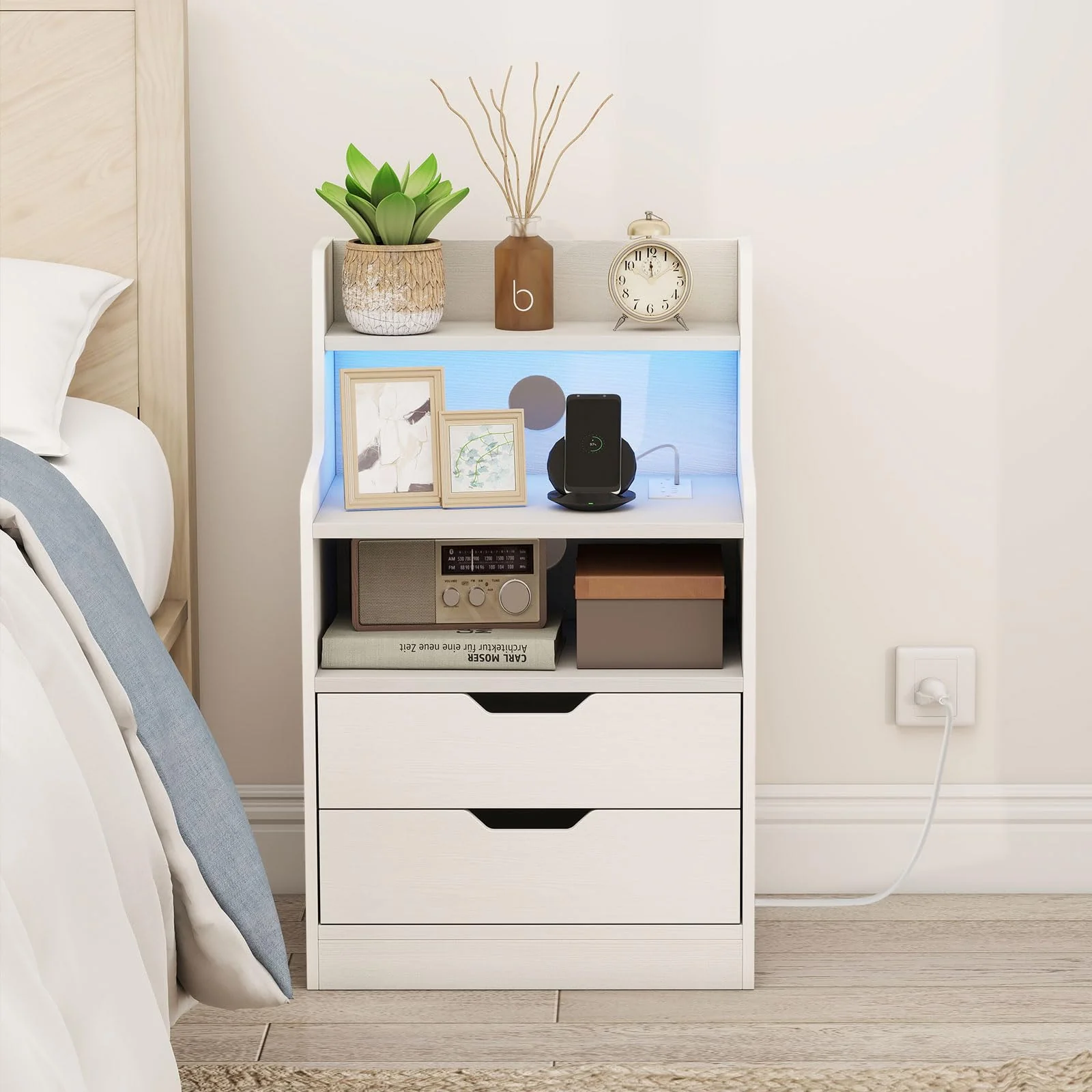 BEFOUNDLOVELY Nightstand with Charging Station & LED Lights(1/2)