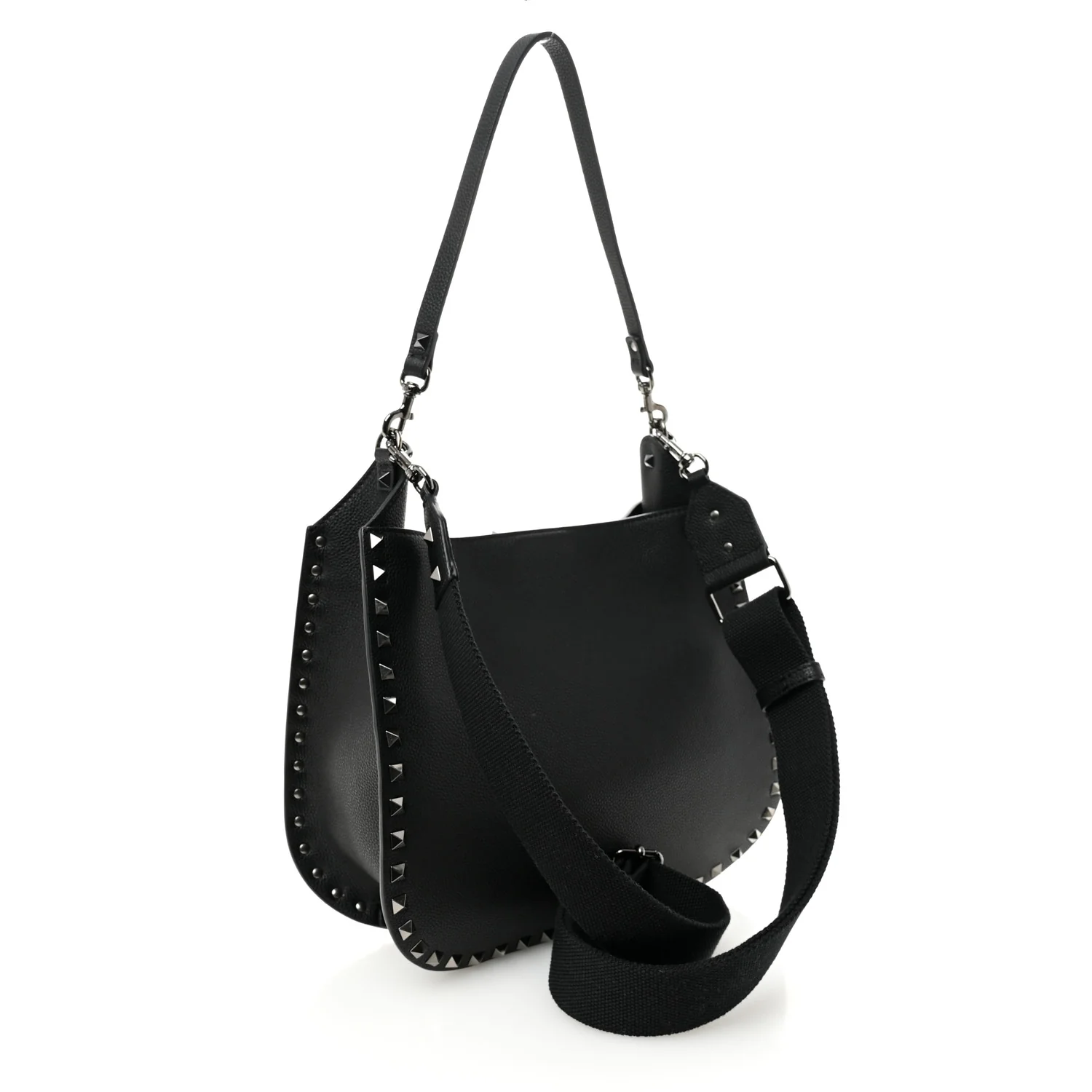 Grained Calfskin Rockstud Hobo Shoulder Bag Black - Top Club