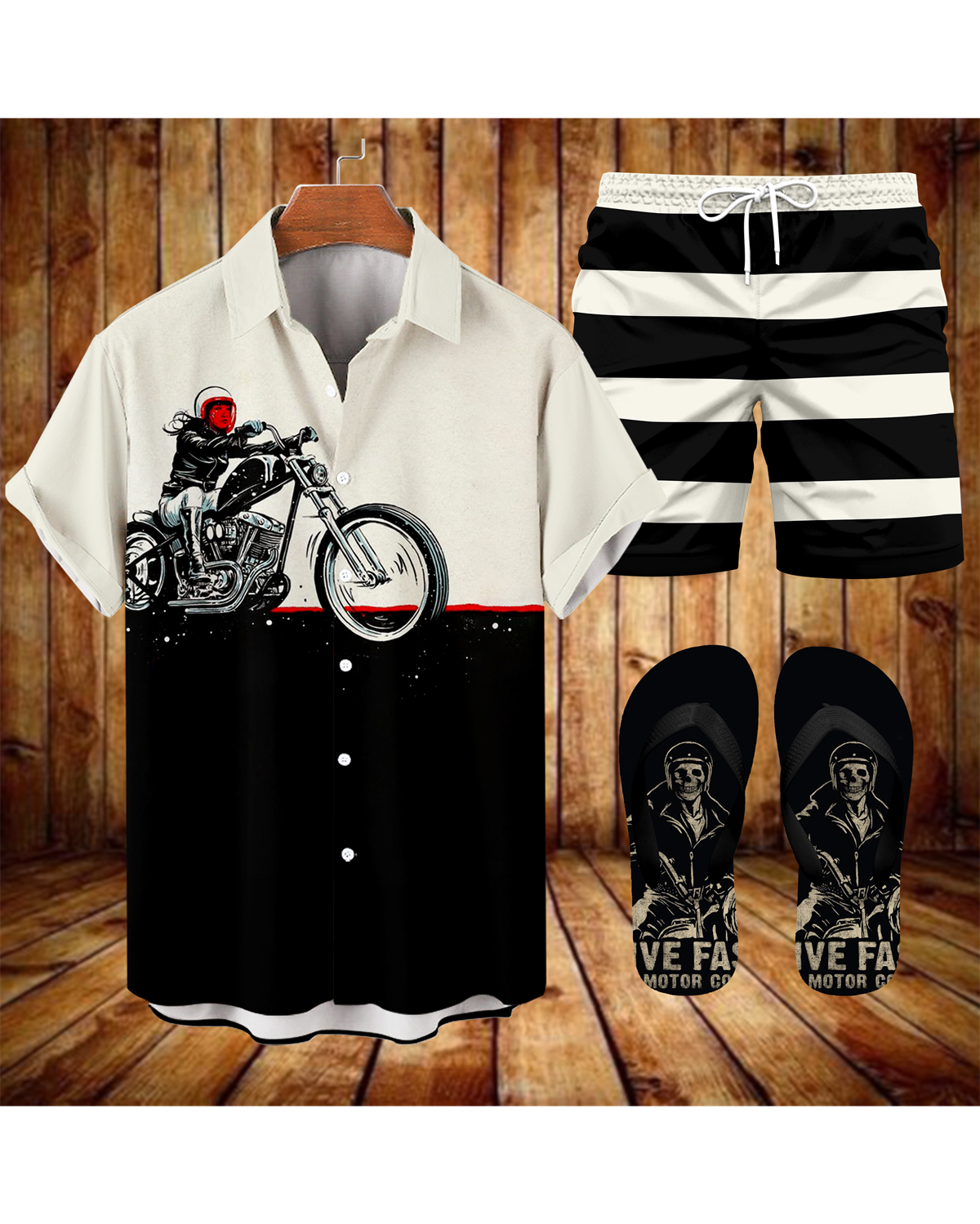 Suitmens Men's Modified Motorcycle Print Shirt Three-Piece Set 063