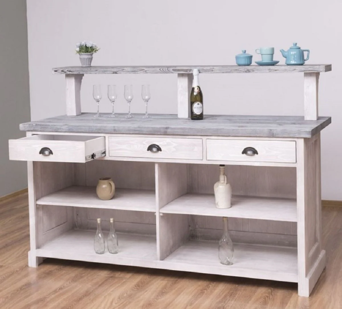 Country house style bar counter light gray / gray 180 x 68 x H. 120 cm - solid wood counter table - solid wood bar furniture - bar furniture in country house style - country house style furnishings