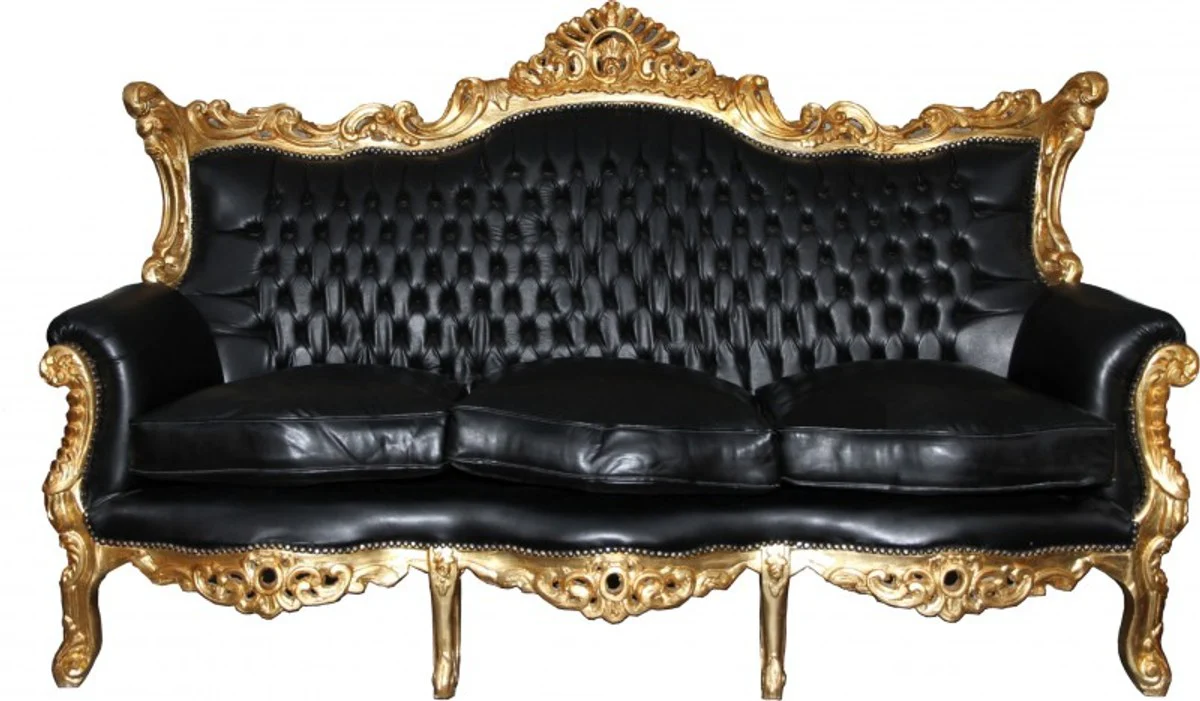 Baroque living room set Master black / gold leather look Mod2 - 3-seater sofa + 2 armchairs