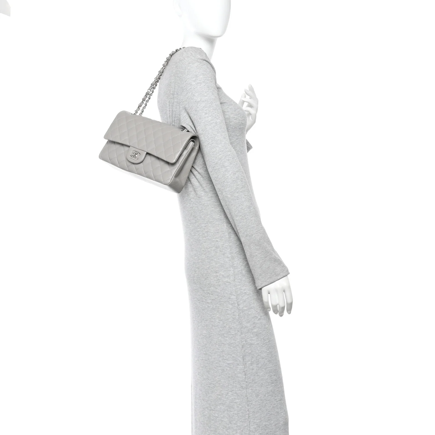 Lambskin Quilted Medium Double Flap Grey
