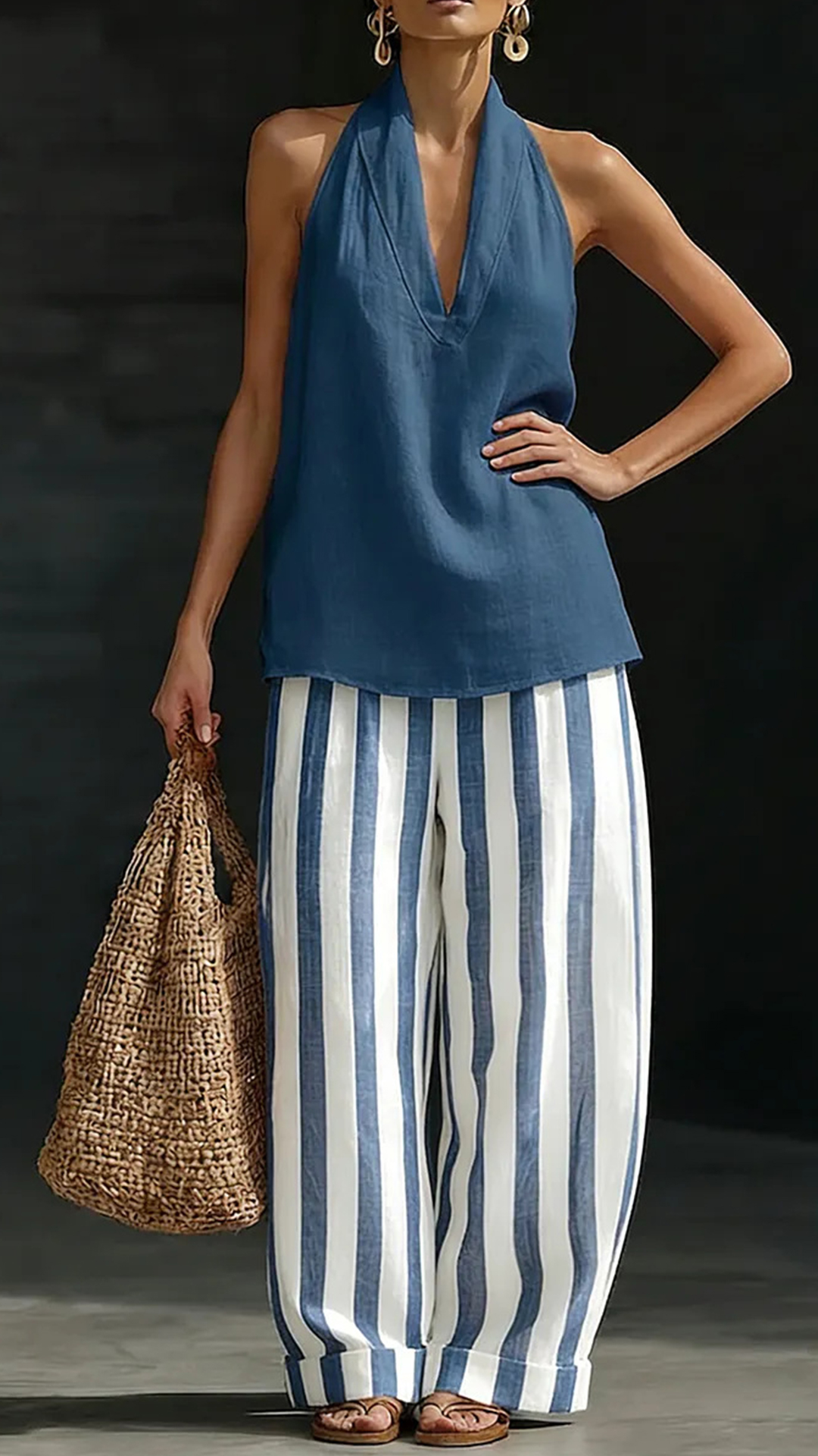 Women's Cotton Linen Halter Stripe Wide-Leg Set - Nordfashionstorm - Women's Clothing, Fashion for You - Nordfashionstorm.com