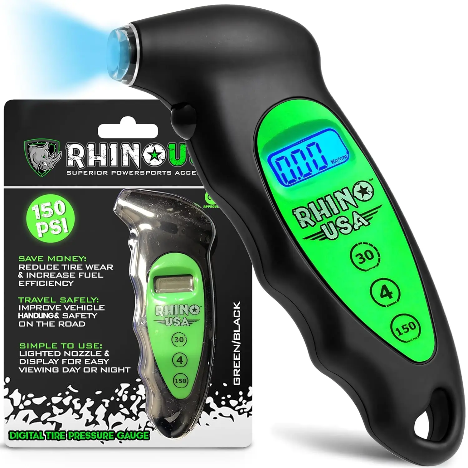 Rhino USA Digital Tire Pressure Gauge 150 PSI, 4 Ranges, Ergonomic Design with Lighted Nozzle & LCD Backlit Display - Certified Accurate Readings