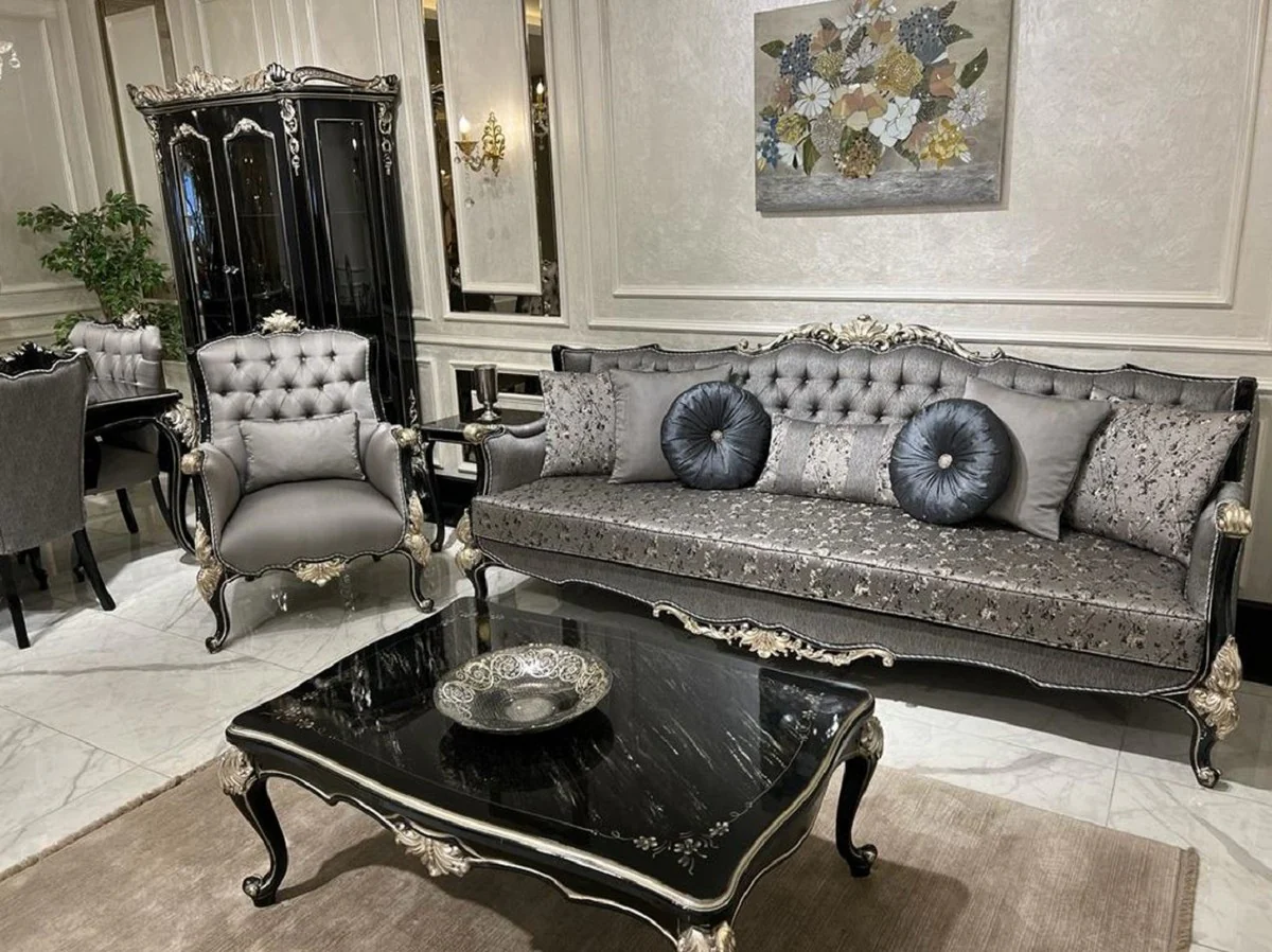 Luxury baroque display cabinet black / silver - magnificent solid wood display cabinet with 2 glass doors - handmade baroque furniture - noble and magnificent