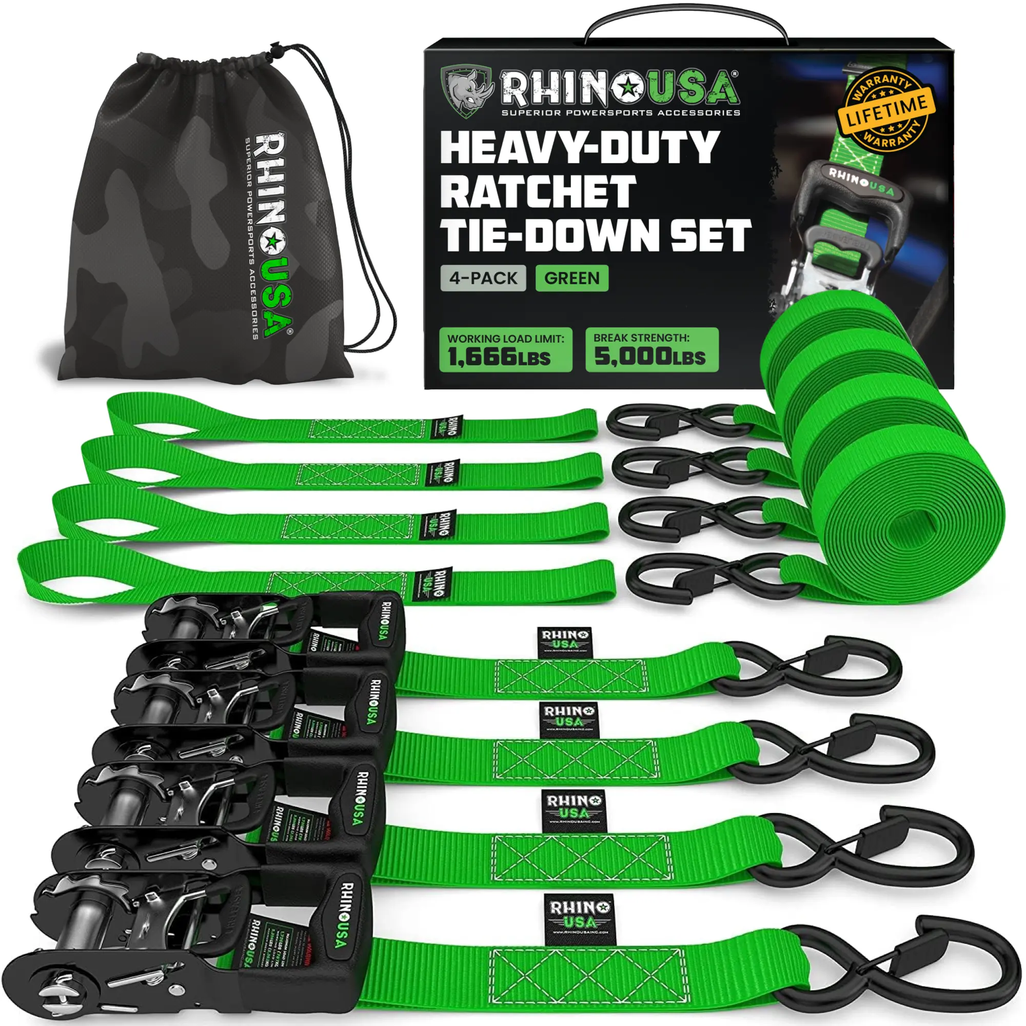 Rhino USA TRADITIONAL Ratchet Straps Heavy Duty Kit - 1.6 Inch x 8ft -15ft (5,208lb Break Strength) 2-4 pack