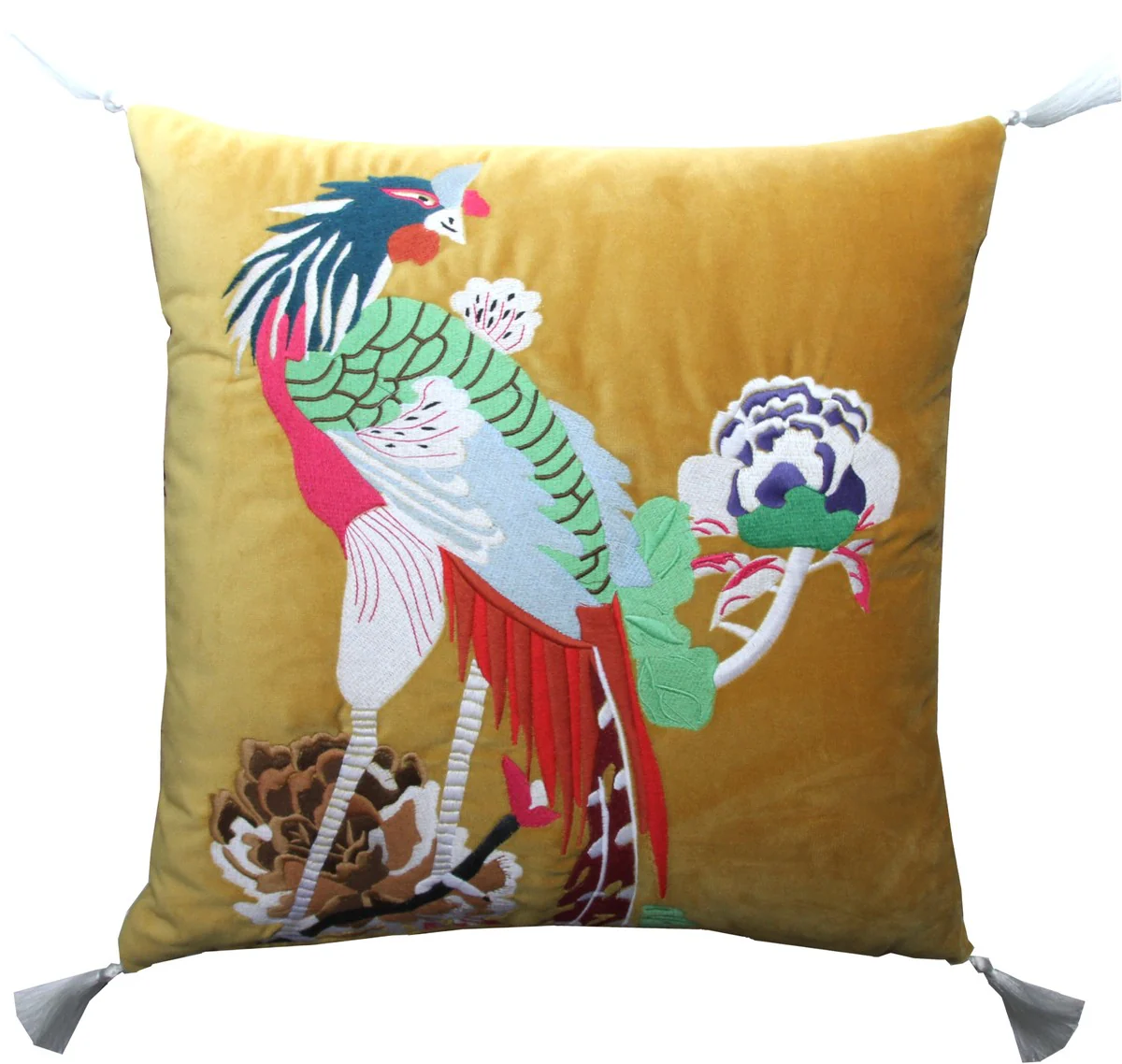 Luxury decorative cushion with tassels Bird yellow / white 45 x 45 cm - Finest velvet fabric - Luxury decorative accessories