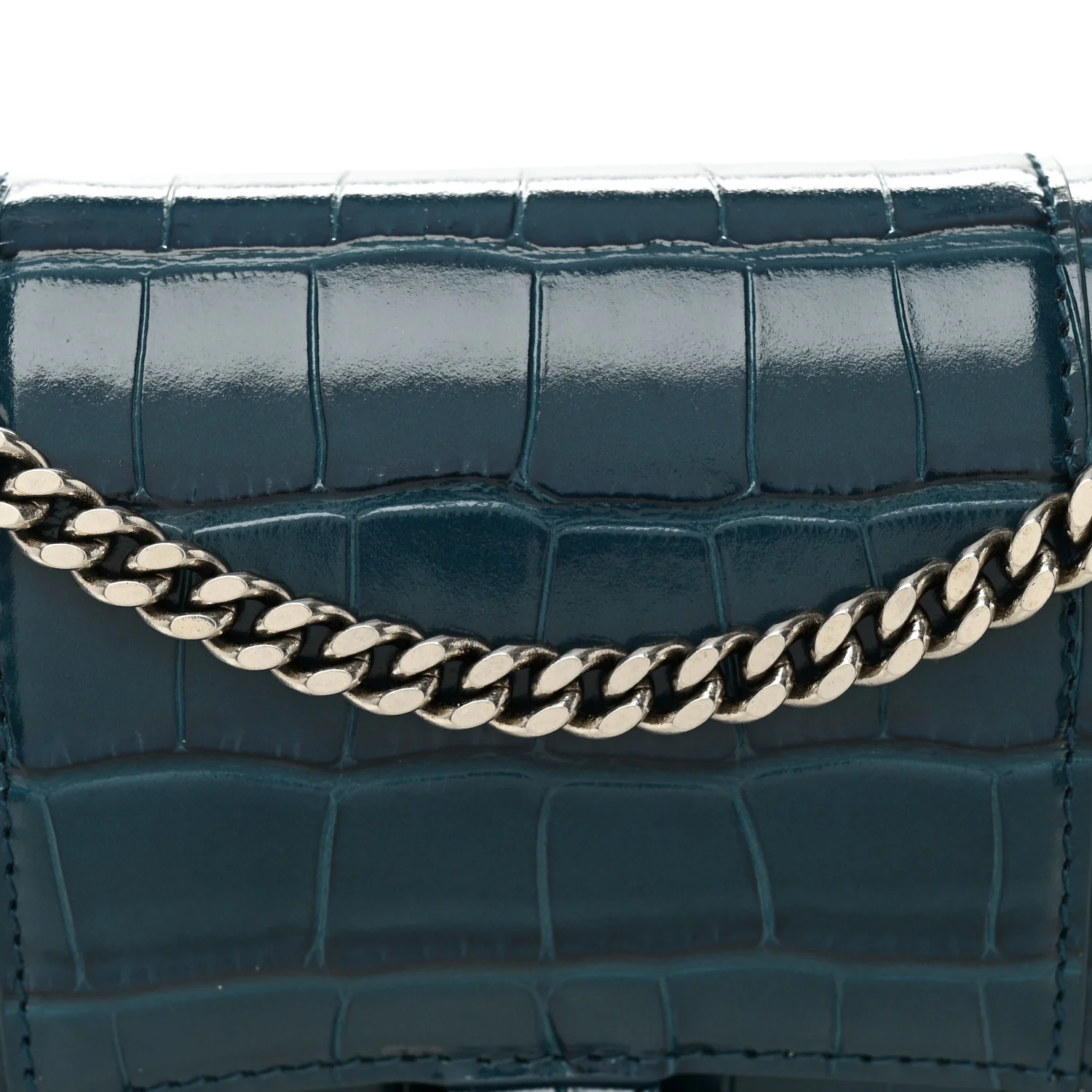 Shiny Calfskin Crocodile Embossed Hourglass Chain Bag Dark Petrol Blue - Top Club