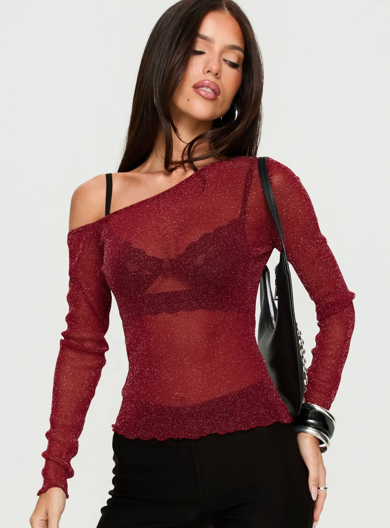 Zondra Sheer One Shoulder Top Burgundy Shimmer