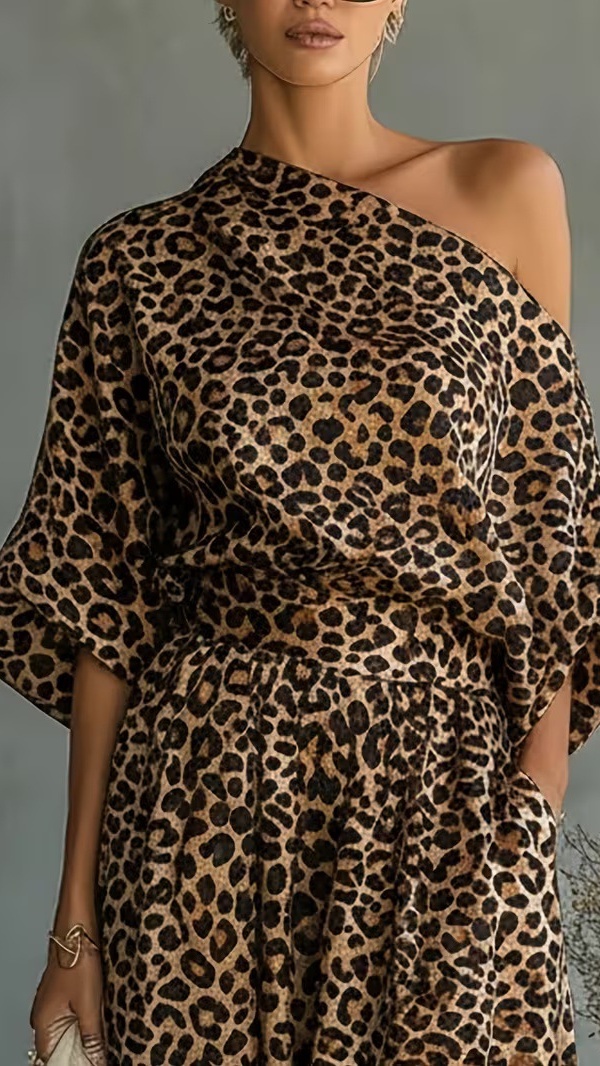 Women's Leopard Print Set: One-Shoulder Top and Harem Pants - Nordfashionstorm - Women's Clothing, Fashion for You - Nordfashionstorm.com