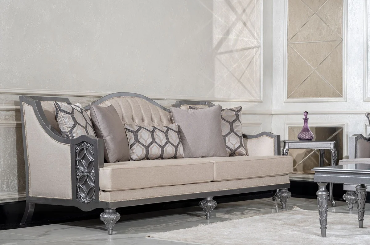 Luxury Baroque Living Room Sofa Beige / Gray - Handmade Baroque Style Sofa with Decorative Pillows - Luxury Living Room Furniture in Baroque Style - Baroque Furniture