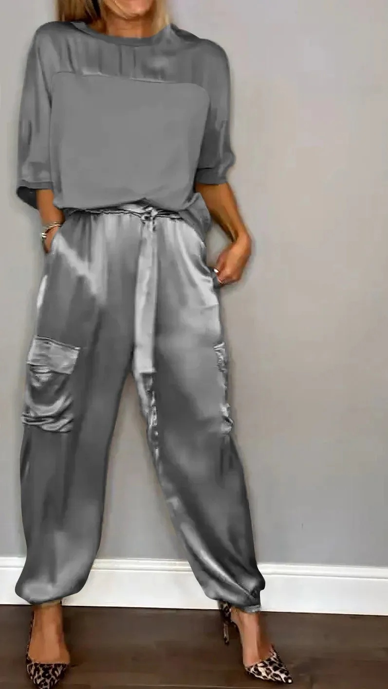 Women's Silky Loose-Fit Top and Pants Two-Piece Set - Nordfashionstorm - Women's Clothing, Fashion for You - Nordfashionstorm.com