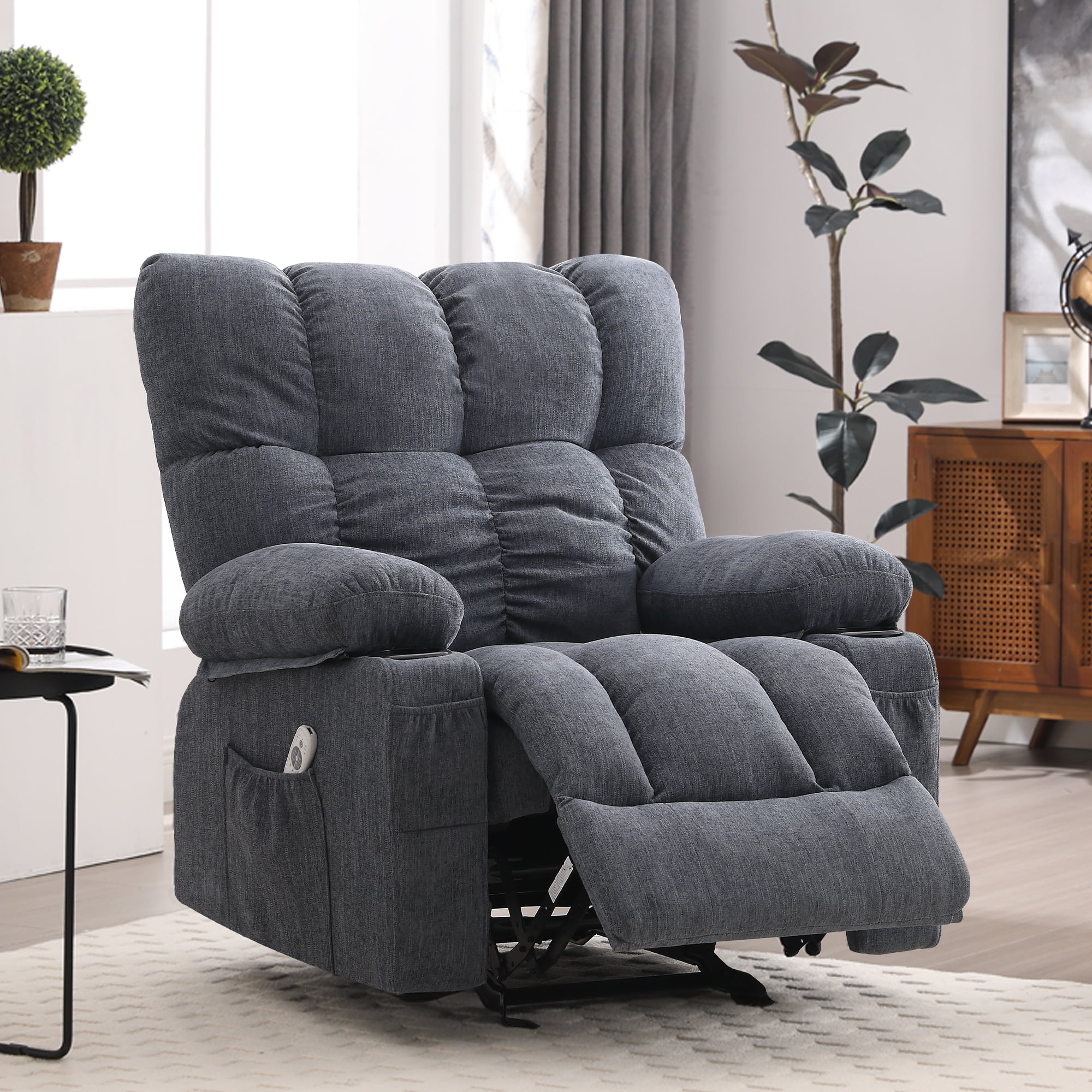 JONPONY Manual Recliner Chair with Heat Therapy and Massage Function, Heavy Duty Reclining Mechanism Massage Chair, Elderly Single Rocker Sofa with Cup Holders for Bedroom Home Theater, Grey