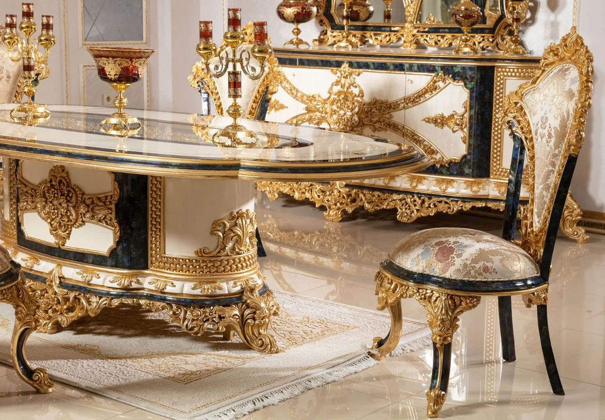 Luxury Baroque Dining Room Chair Set Multicolored / Blue / Gold - Handmade Kitchen Chairs Set of 6 with Elegant Pattern - Baroque Dining Room Furniture - Noble & Magnificent