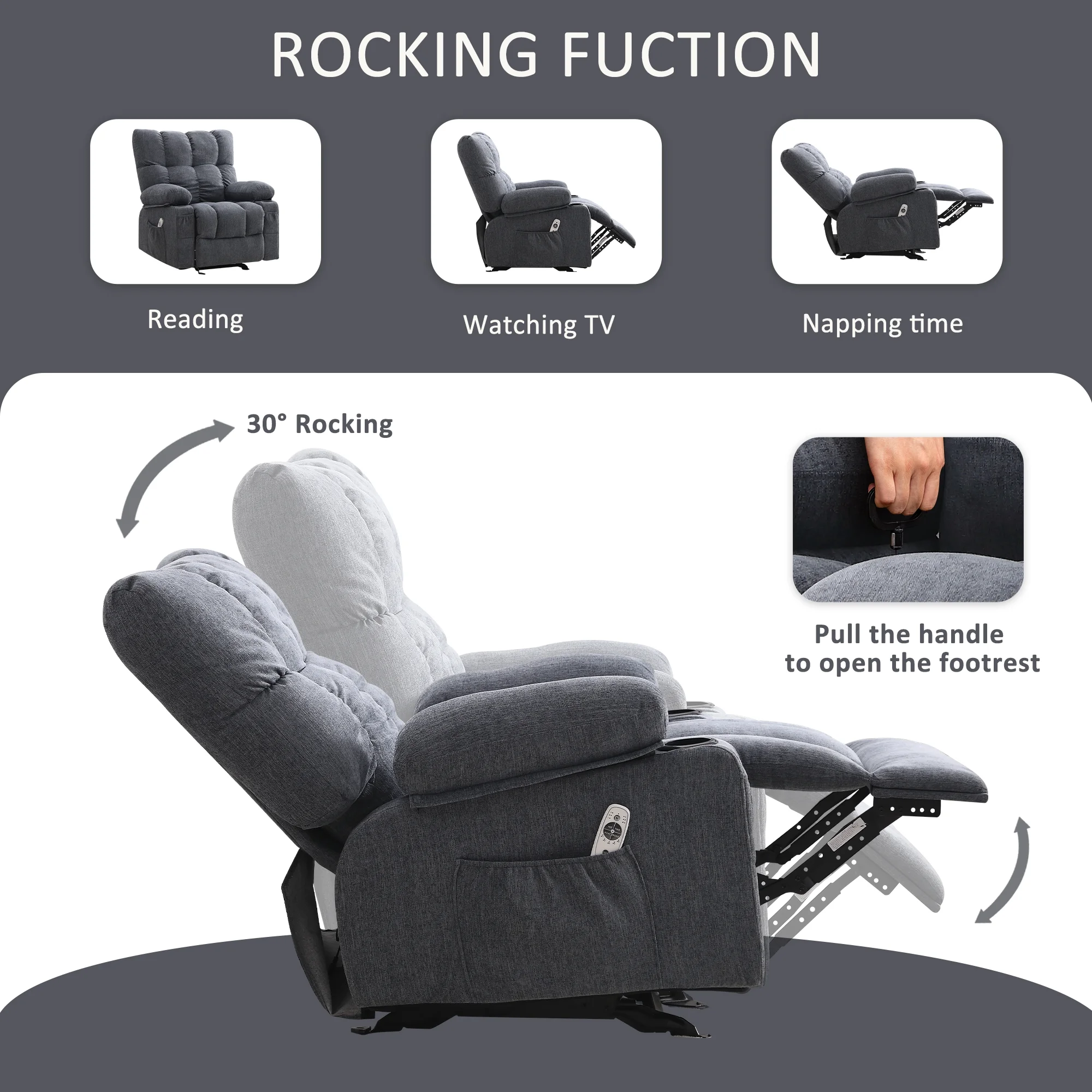 JONPONY Manual Recliner Chair with Heat Therapy and Massage Function, Heavy Duty Reclining Mechanism Massage Chair, Elderly Single Rocker Sofa with Cup Holders for Bedroom Home Theater, Grey