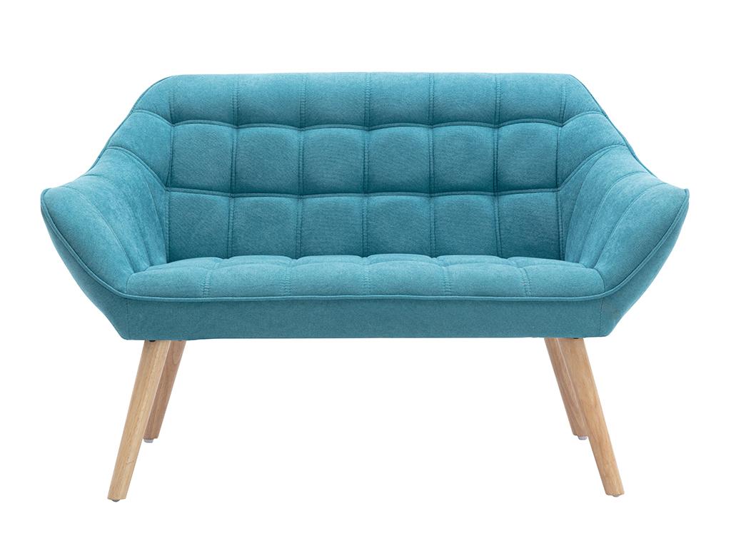 Sofá de 2 plazas de tela azul acolchado. Estilo escandinavo.