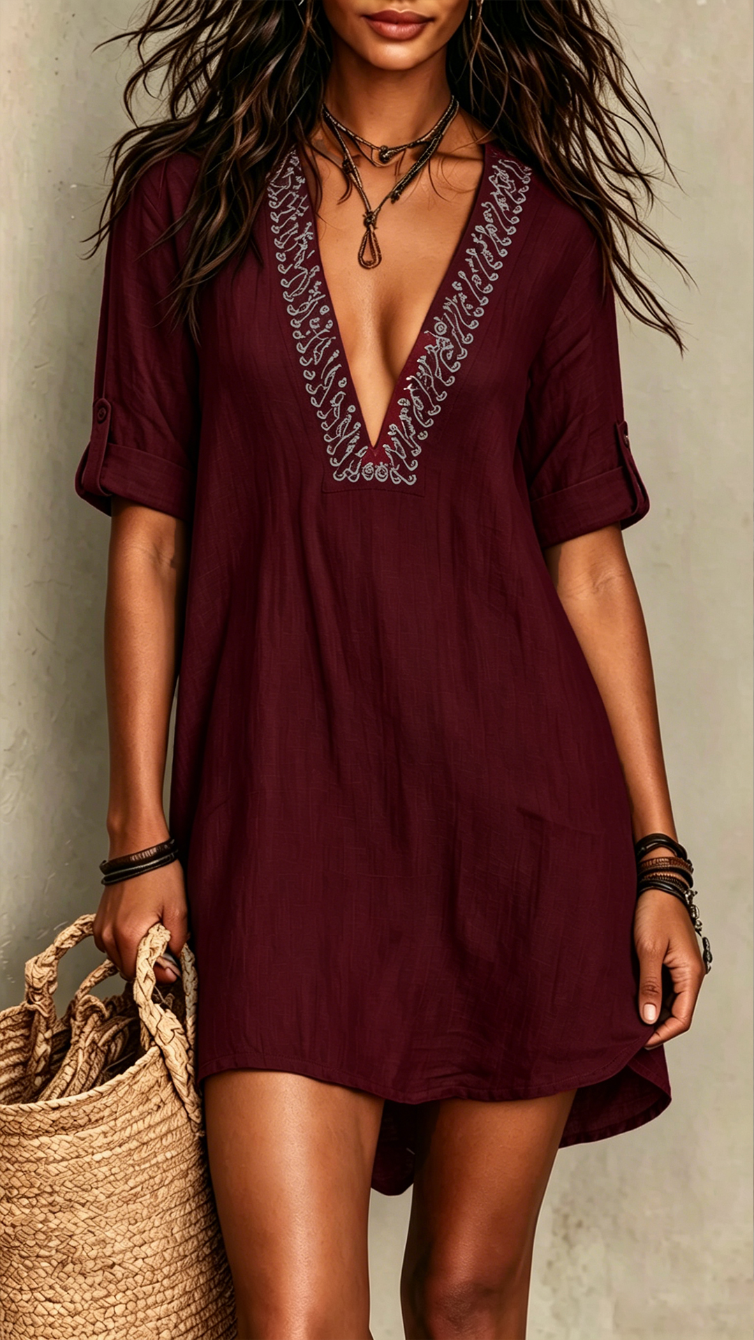 Women's Cotton-Blend Embroidered V-Neck Midi-Sleeve Dress - Nordfashionstorm - Women's Clothing, Fashion for You - Nordfashionstorm.com
