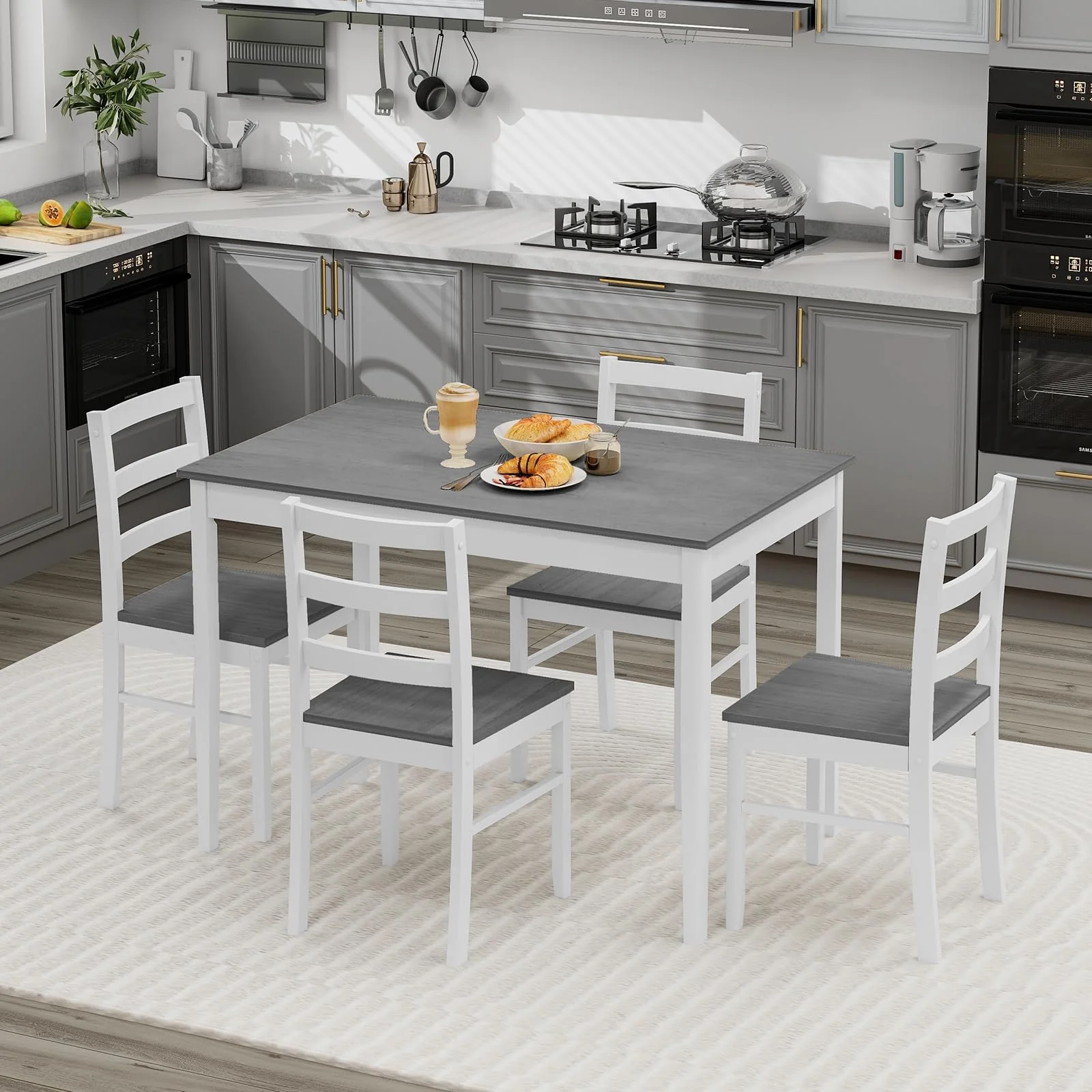 BEFOUNDLOVELY Dining Table Set for 4, Farmhouse Solid Wood Dining Set w/Rubber Wood Legs