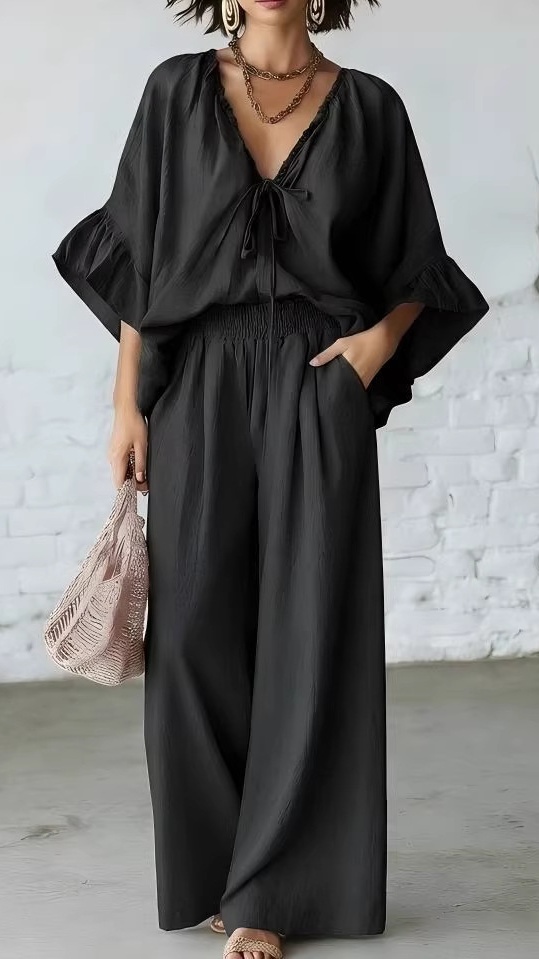 Women's Casual Vacation Two-Piece Set: Loose-Fit Cotton-Linen V-Neck Top and Wide-Leg Pants - Nordfashionstorm - Women's Clothing, Fashion for You - Nordfashionstorm.com