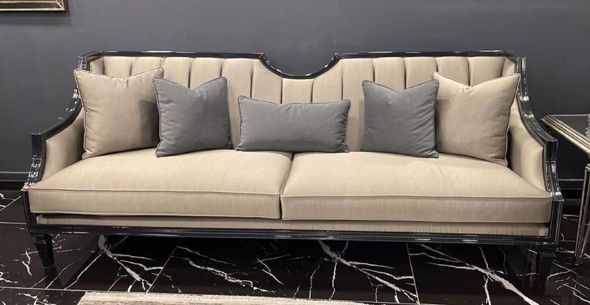 Luxury Art Deco Sofa Beige / Black - Handcrafted Solid Wood Living Room Sofa - Luxury Art Deco Living Room Furniture