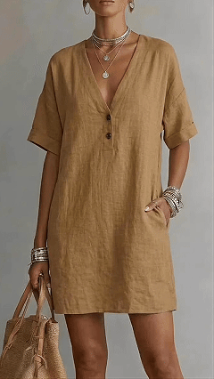 Women's Cotton-Blend Khaki V-Neck Short-Sleeve Loose Dress - Nordfashionstorm - Women's Clothing, Fashion for You - Nordfashionstorm.com