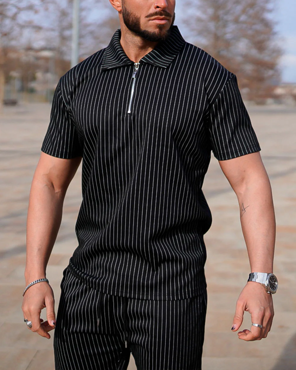 Suitmens Men's Black Vertical Stripe Summer POLO Suit