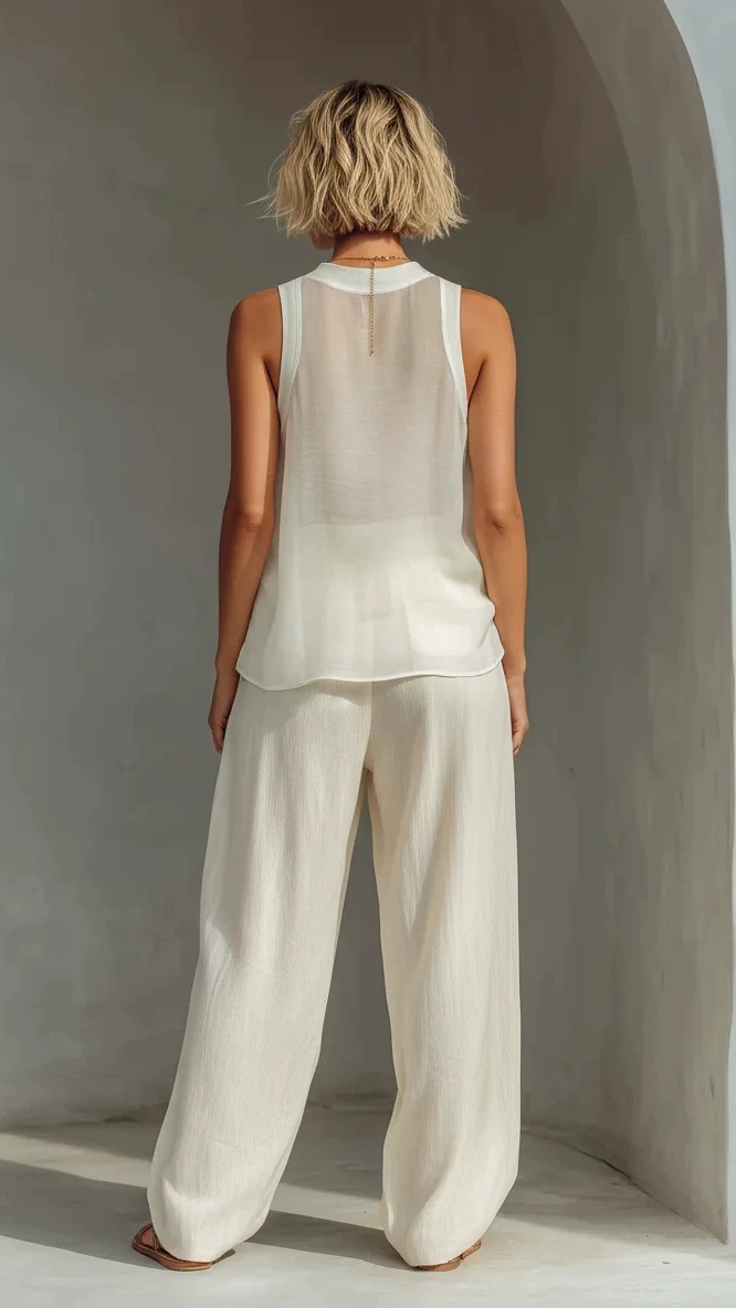 Women's Chiffon Semi-Sheer Round Neck Sleeveless Vest Drawstring Wide-Leg Pants Loose Fit Suit - Nordfashionstorm - Women's Clothing, Fashion for You - Nordfashionstorm.com