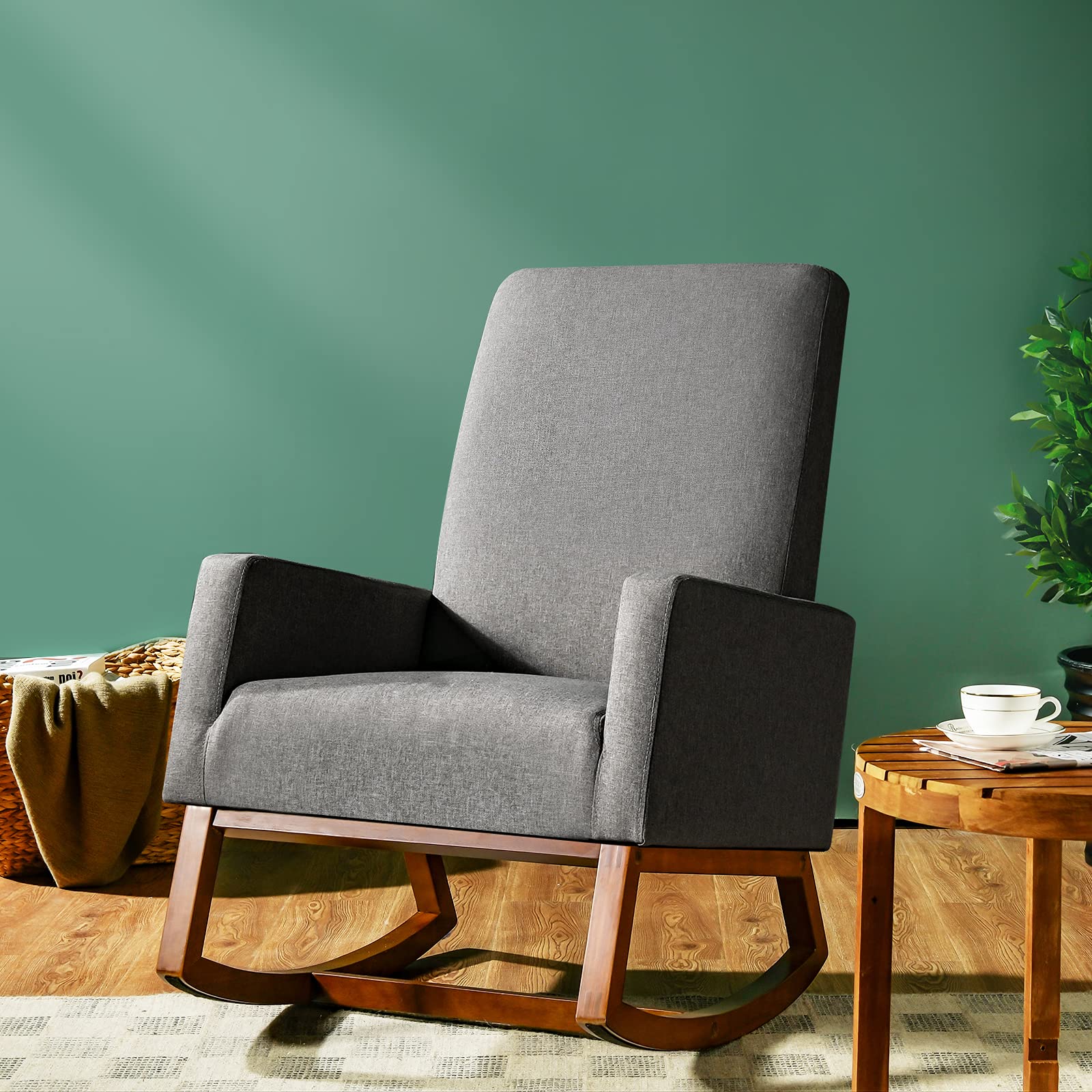 BEFOUNDLOVELY Rocking Chair, High Back Upholstered Lounge Armchair w/Side Pocket