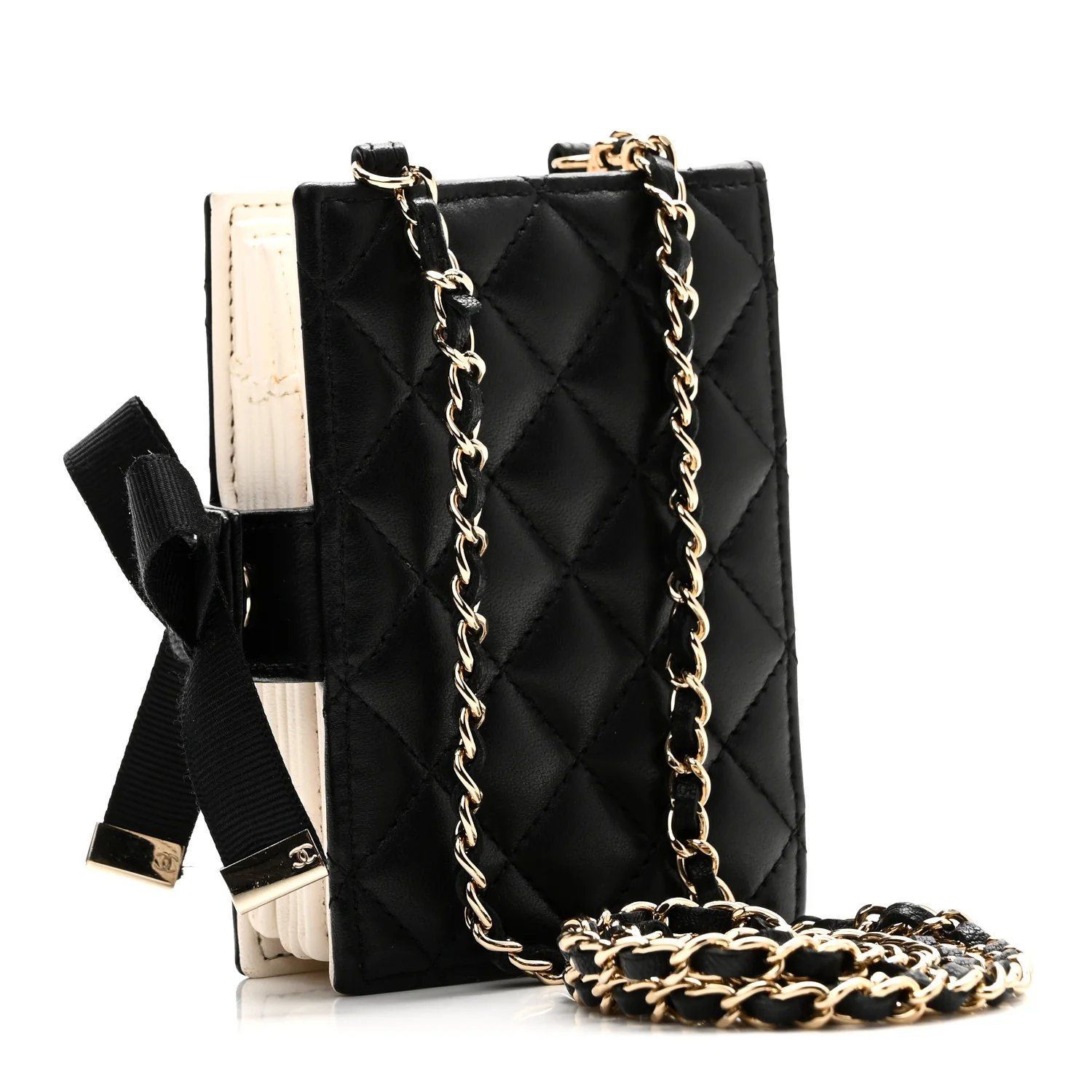 Lambskin Quilted Book Card Holder on Chain Black - Top Club