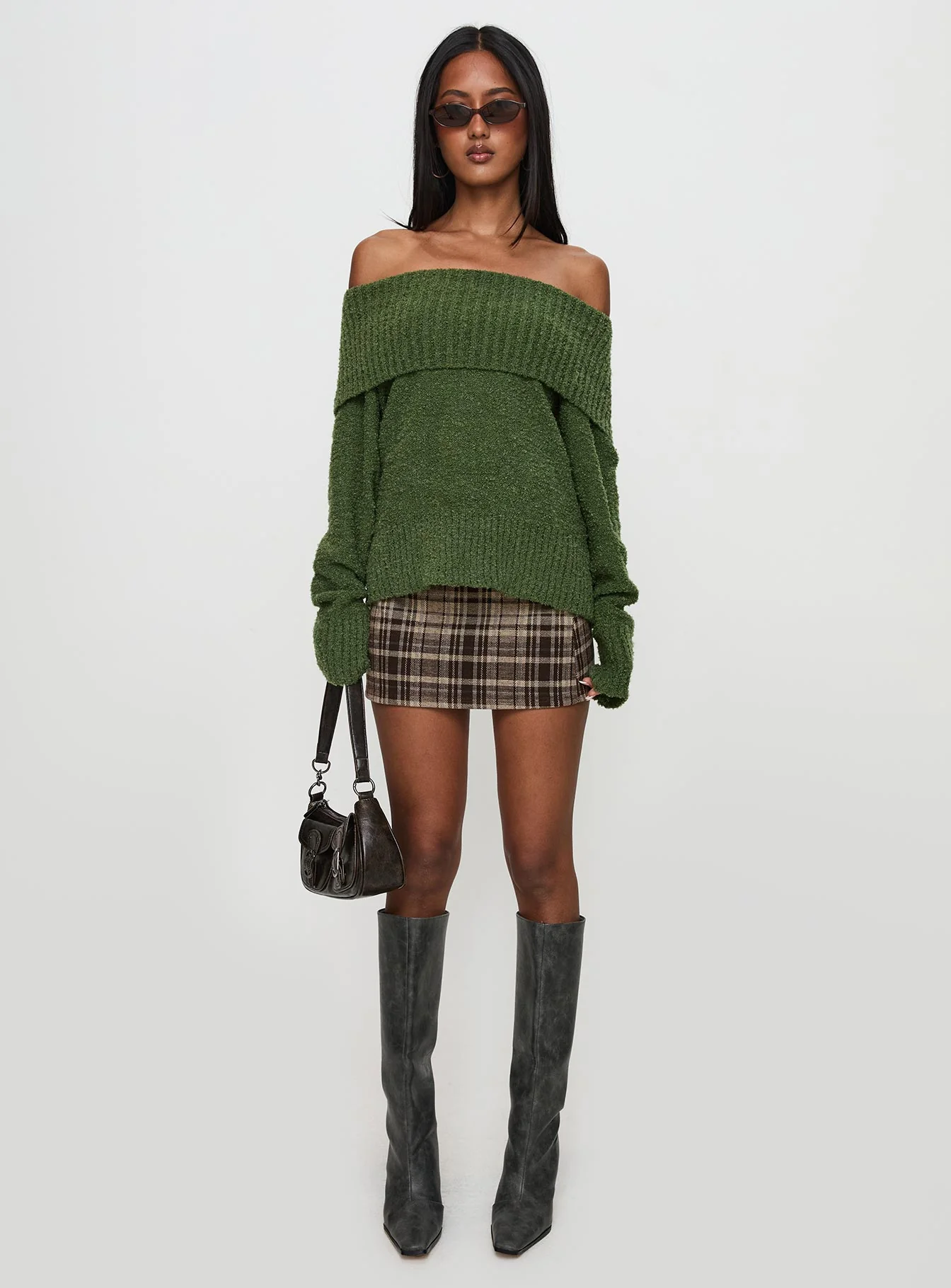 Parkley Boucle Off The Shoulder Sweater Olive